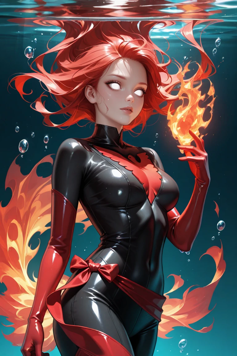 masterpiece, best quality, amazing quality, high resolution, absurdres, newest, very aesthetic, resurrectionphoenix, ,1girl, solo, black , white eyes, no pupils, long hair, red elbow gloves, floating hair, blank eyes, red gloves, red phoenix symbol, red hair, lips, , bubble, air bubble, under water, fire, magic, aura,