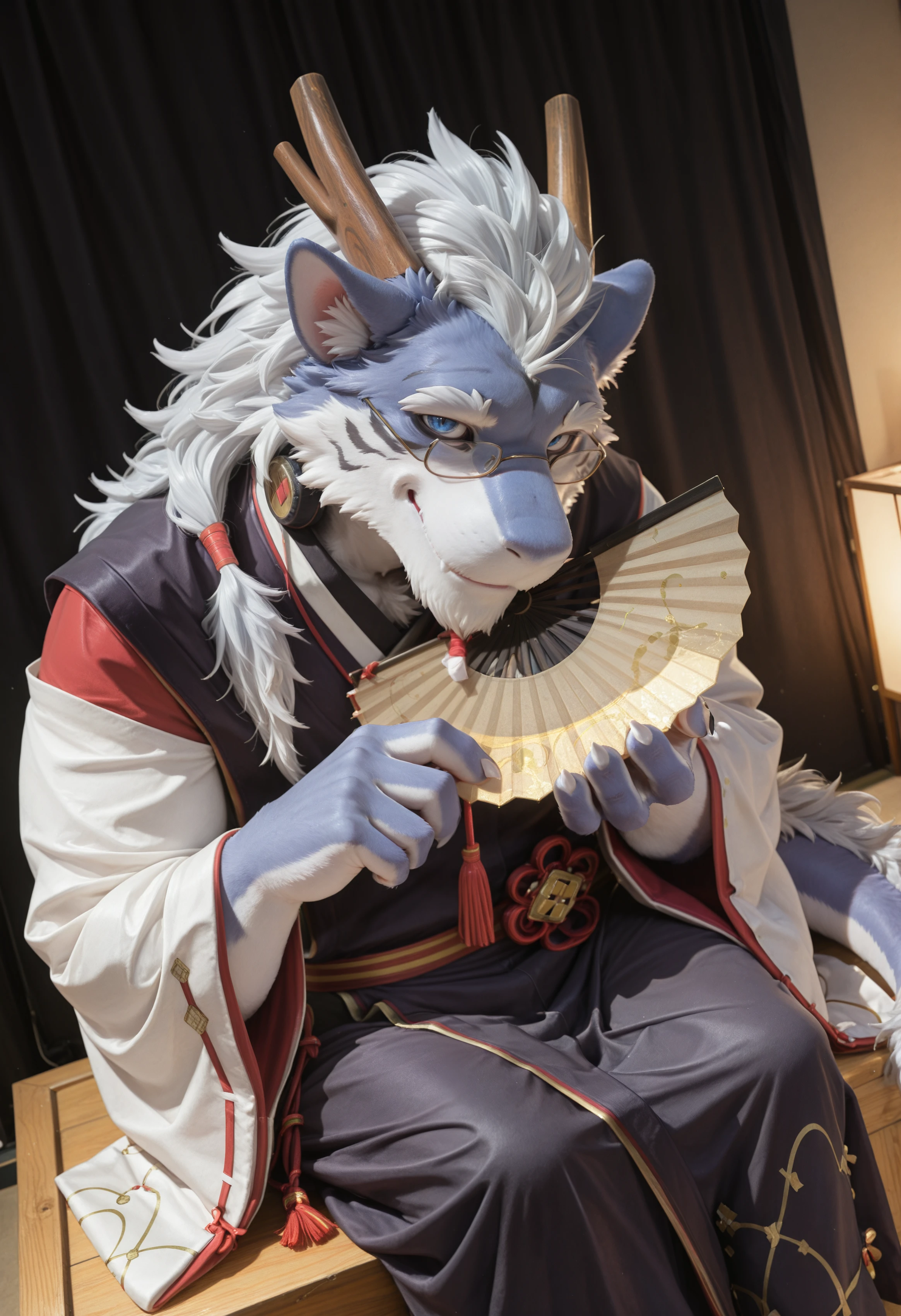 (masterpiece, best quality, very aesthetic, newest, 2024:1.2), (photorealism, photorealistic:1.2), hi res, detailed fur, fluffy fur, close up, dutch angle, shiki_taigen, dragon, furry male, furry, male focus, body fur, 1boy, solo, animal ears, tail, horns, blue eyes, bara, looking at viewer, long hair, glasses, white hair, japanese clothes, backstage of theater, dim lights, scattered costumes, sitting on crate, one paw holding fan closed, other paw resting on thigh, torso leaning forward, tired, pensive, slight smirk, looking at viewer, frontal close-up, stage costume half-worn, cinematic moody light, soft detail, ultra-detailed, <lora:noobReal-V2.1:0.45> <lora:Shiki_Taigen_UTAU_Illustrious:1>