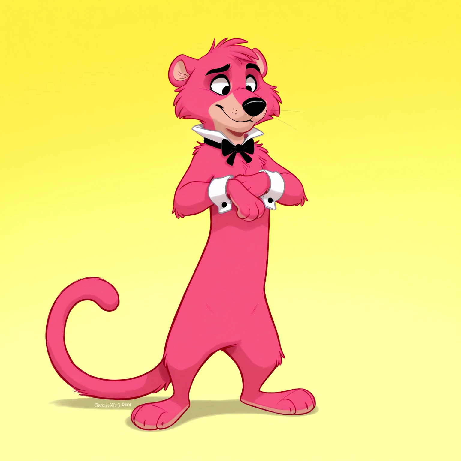 solo, full-length portrait, snagglepuss, (shirt:0 collar), black bow tie, white cuffs \(clothing\), , gradient background, yellow background, digital media \(artwork\), trevart, letodoesart, orlandofox, reign-2004 <lora:snagglepuss_9.0noob:1>