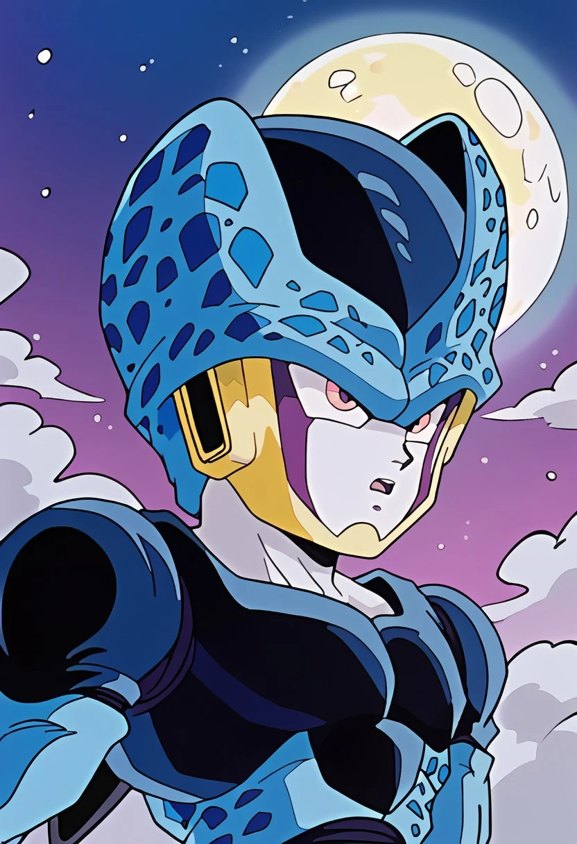 BREAK score_9, score_8_up, score_7_up, source_anime, upper body, solo, 1boy, Cell_Juniors, children, pale white skin, short horns, yellow ears, purple lines on the cheeks, pink eyes, light blue body with dark blue spots, purple joints, black wings, (night:1.4, moon,) fog, dynamic pose, (creativity:1.4),
