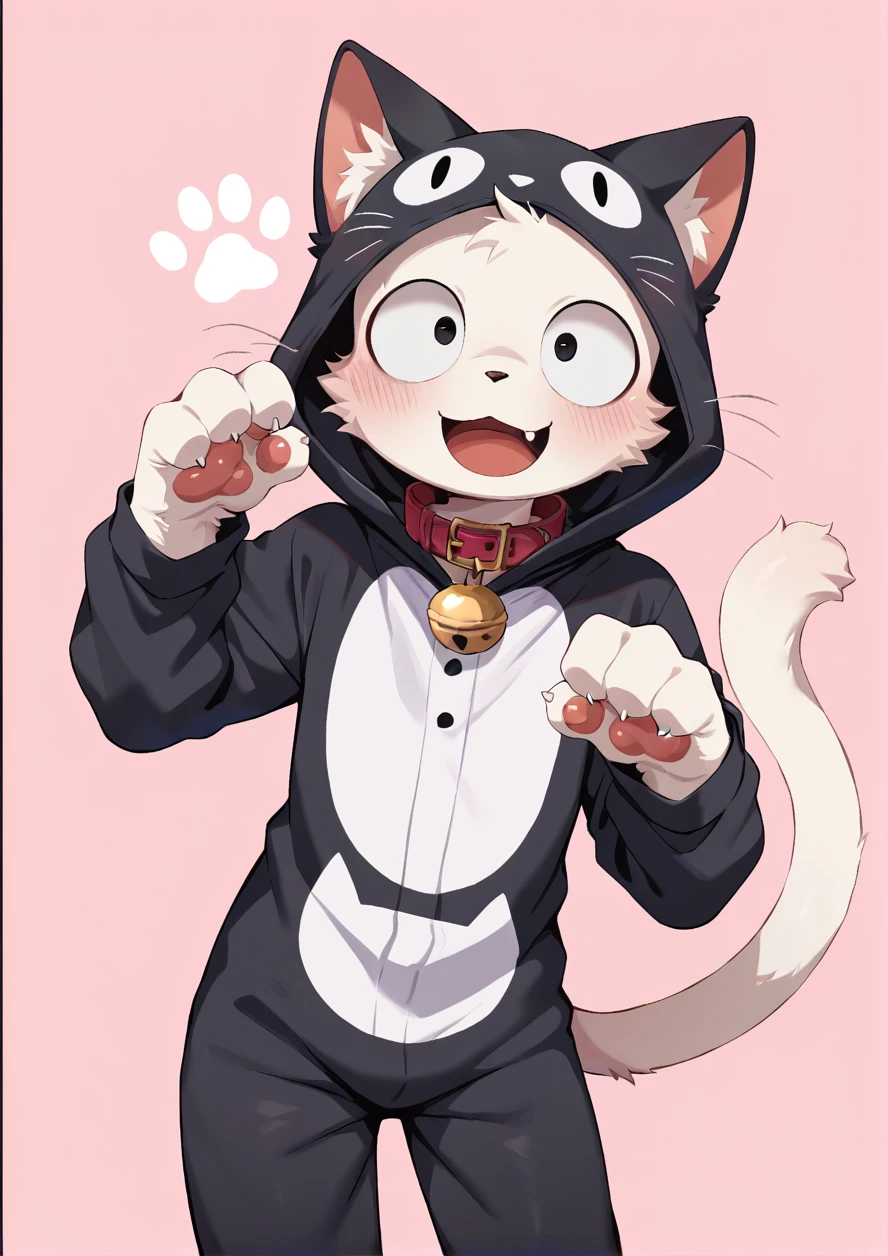 masterpiece,best quality,high quality,highly detailed,intricate,8k,absurdres,1boy,solo,furry boy,round eyes,sanpaku,furry,white fur cat,black cat costume,cat ears,cat tails,cat collar,pink background,simple background,cat pose,cute smile,fang,blush,<lora:ããããwaryusya_NAI2:1>