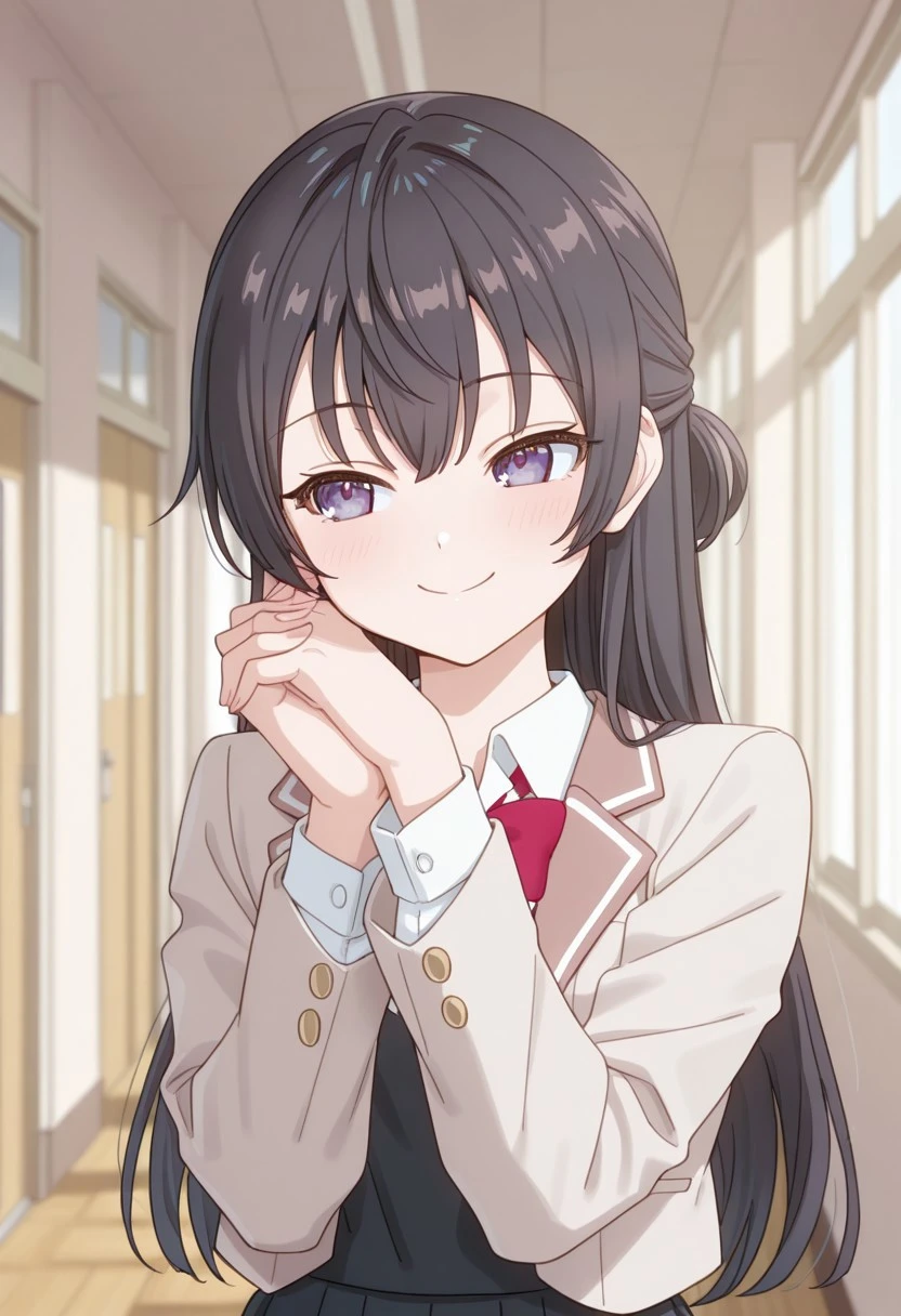 solo, upper body, woman, yuki suou, long hair, black hair, purple eyes, school uniform, bow, red bow, jacket, shirt, bowtie, indoors, collared shirt, endearing_pose, own hands together, interlocked fingers, hands near head, looking at the side, smile, school, hallway, masterpiece, 4k resolution, anime