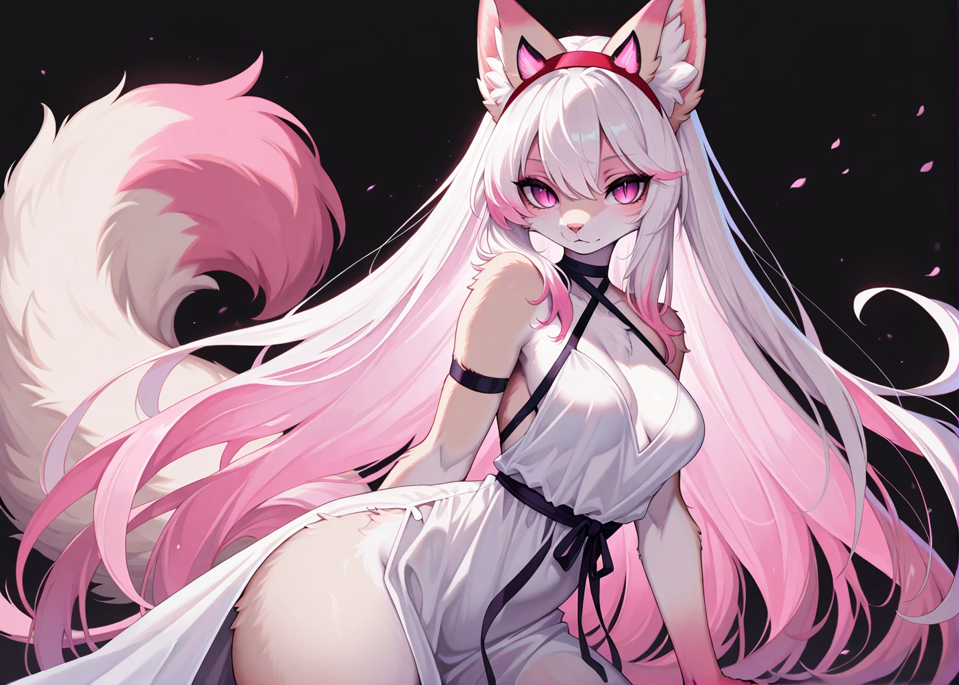 masterpiece, best quality, black background
Aeriypink, long hair, animal ears, very long hair, white hair, pink hair, multicolored hair, purple eyes, pink eyes, animal ear fluff, tail,
slit pupils, solo, , red fake animal ear headband,
white dress, furry, furry female,
 <lora:Pink-Illustrious-Ven-V2-10:1>