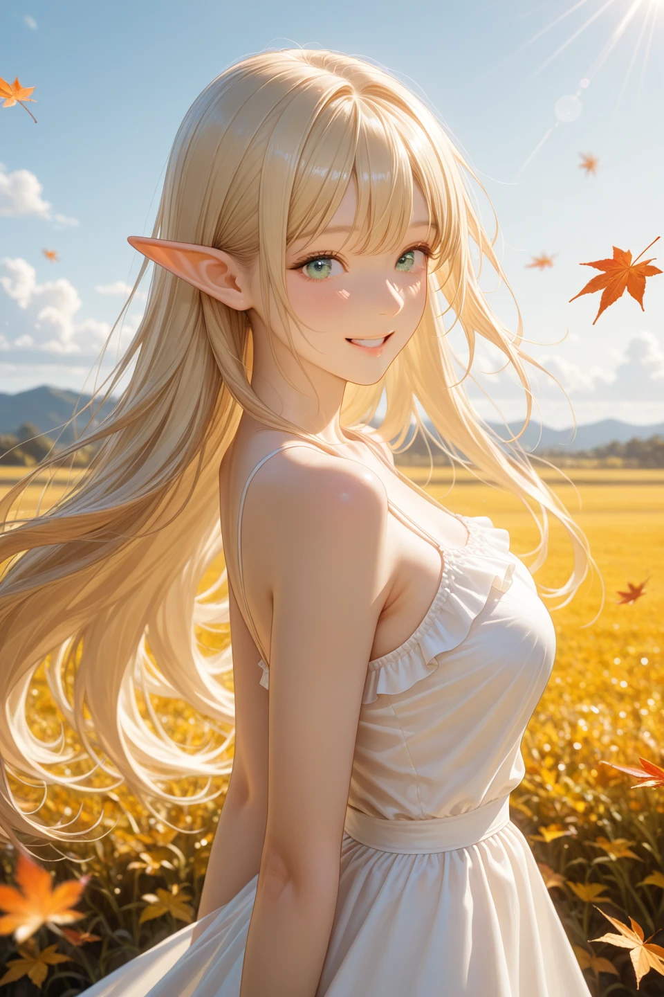 (outdoors, 1girl, solo), sfw:1.2,
bustshot, from side, front, low angle, looking at viewer, close-up eyes, face focus,
BREAK,
A elf girl dancing still on a promenade lined with lush green trees.  wearing a sheer, white colored, spaghetti straps autumn dress.
She gazes thoughtfully at the serene landscape, as if absorbing the beauty of the world around her.
while the autumn sunlight breaks gently through the clearing clouds above.  surrounded by the vivid greens
spread arm,
BREAK,
ultra detailed lips, ultra detailed face and hair,
((Swaying in the wind)),
kawaii, adorable, cute,
elf girl, (apatite eyes with CGI effect), (deep blonde hair:1.2),
medium breasts, wide hip, happy smile face,
BREAK, volumetric lighting,, masterpiece, amazing quality, very aesthetic, high resolution, ultra-detailed, absolute, newest,
2d, semi-realistic, moe heroine, sharp focus,, anime style, anime color,