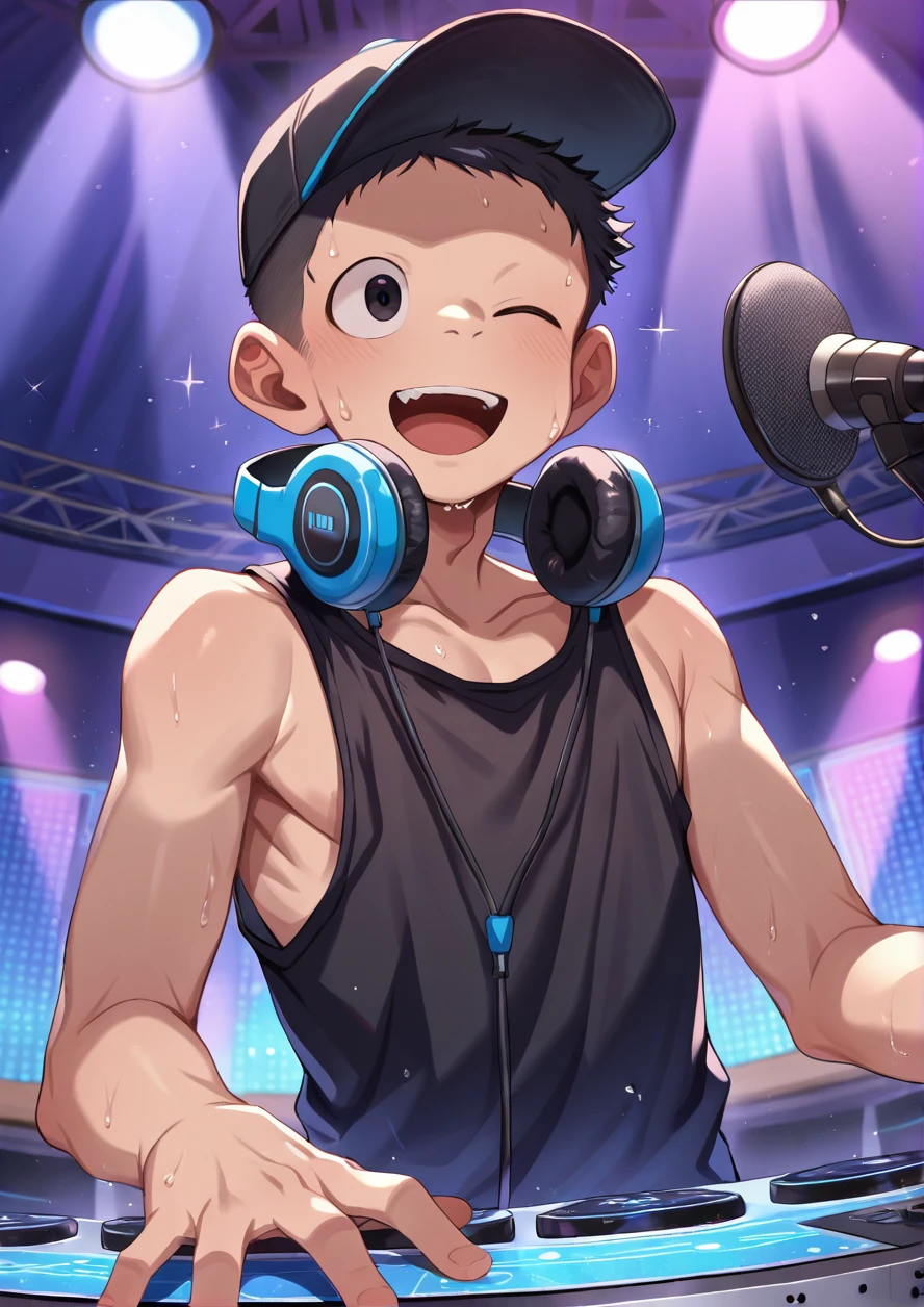 masterpiece,best quality,high quality,highly detailed,intricate,8k,absurdres,1boy,solo,black hair,very short hair,dance hall,music room,lighting,dj,headphone,headwear,black baseball cap,singing,sweat,black tanktop,wink,happy,open mouth, <lora:ããããwaryusya_NAI2:1>