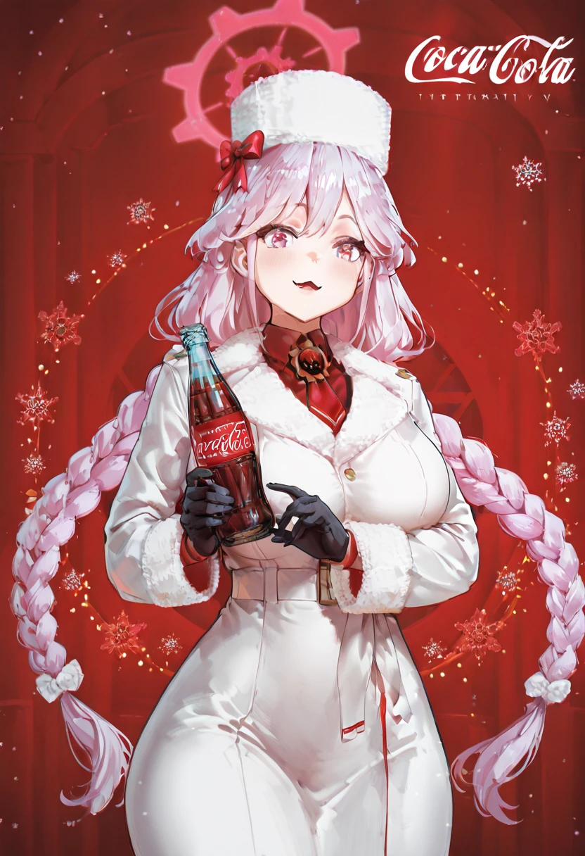masterpiece, best quality, solo, curvy, beautiful eyes, narrow waist, wide hips, 1girl, solo, smile, looking at viewer, zzTomoe, pink eyes, pink hair, long hair, large breasts, braid, very long hair, pink halo, black gloves, necktie, ushanka, white headwear, fur trim, long sleeves, solo, winter clothes, black pantyhose, purple hair, twin braids, white coat, ,<lora:Tomoe_BlueArchive_IXL:1.0>, ,smile, open mouth, upper body, :3, CocaColaSanta, solo, holding, bottle, red background, <lora:CocaColaSantaIXL_v2:1.0>,