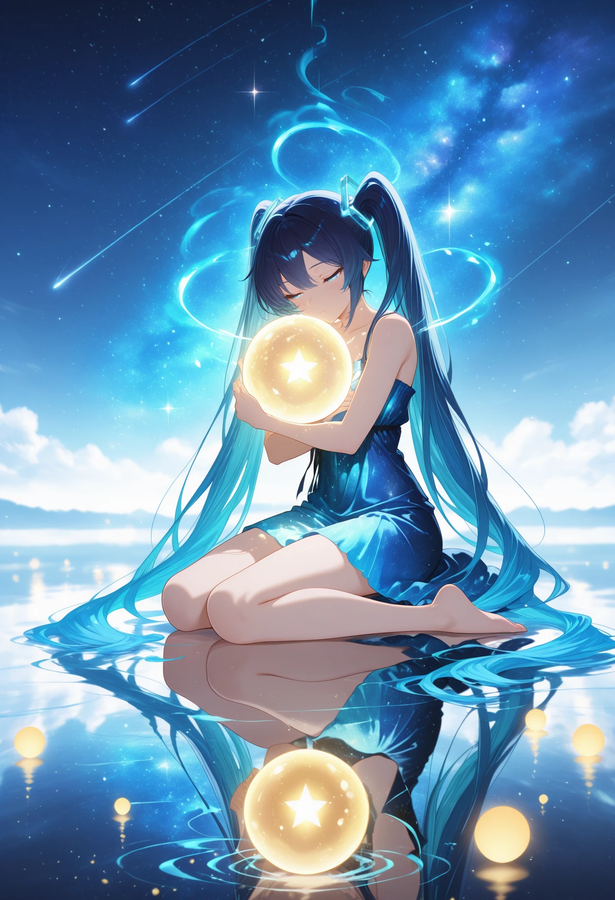 (masterpiece, best quality, ultra-detailed, absurdres, sharp focus, intricate details),
<lora:Blue_light_and_compo:1>, blue light, beautiful, volumetric light,((blurry background, depth of field, bokeh))
(masterpiece, best quality, ultra detailed, sharp focus), 1girl, solo, kneeling, hugging glowing sphere, orb of light,  
long hair, twintails, light dress, sitting on reflective water surface,  
celestial background, glowing rings, cosmic swirls, starry sky, ethereal particles, galaxy reflections,  
blue tones, luminous aura, serene expression, magical atmosphere, dreamlike, fantasy