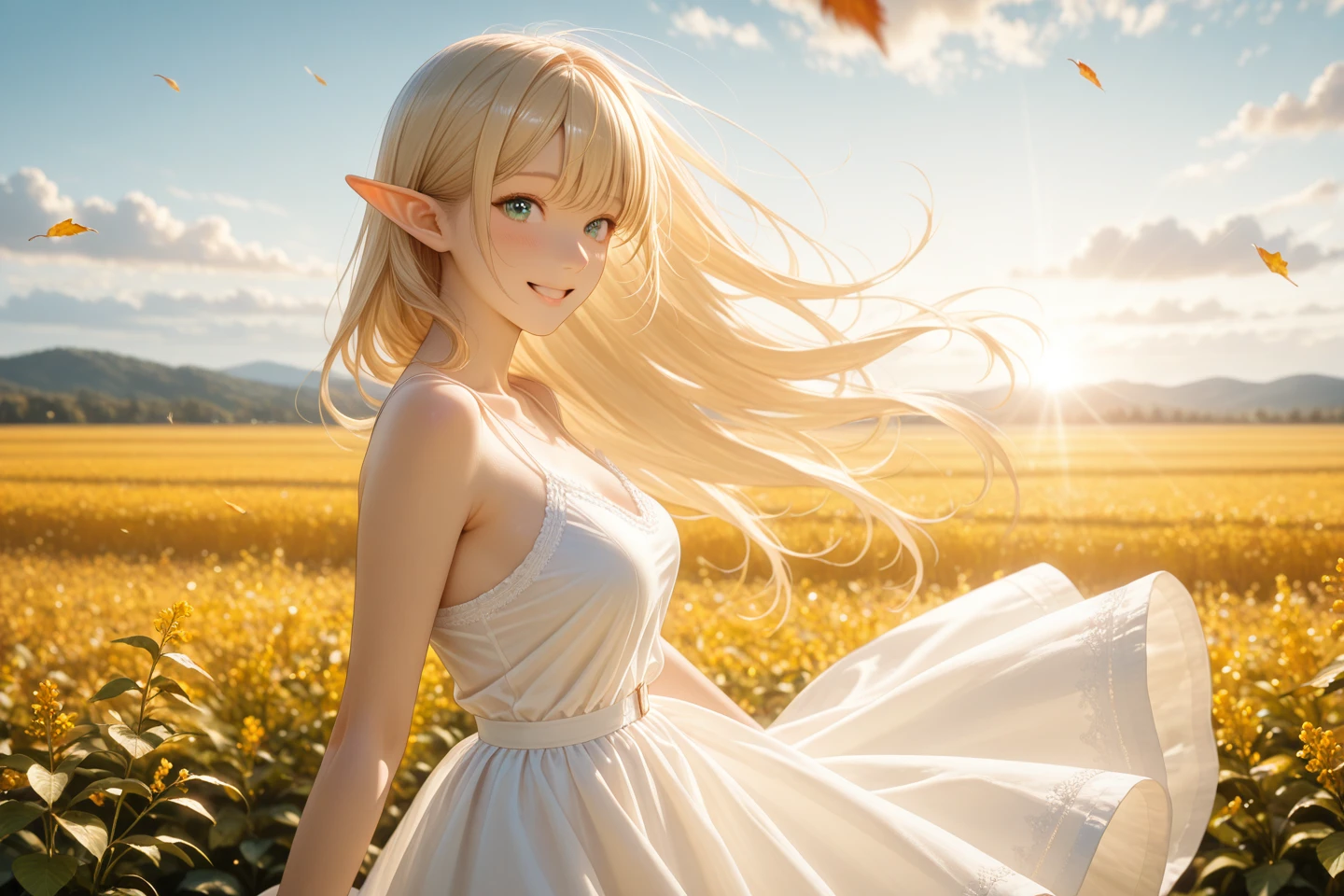 (outdoors, 1girl, solo), sfw:1.2,
bustshot, from side, front, low angle, looking at viewer, close-up eyes, face focus,
BREAK,
A elf girl dancing still on a promenade lined with lush green trees. wearing a sheer, white colored, spaghetti straps autumn dress.
She gazes thoughtfully at the serene landscape, as if absorbing the beauty of the world around her.
while the autumn sunlight breaks gently through the clearing clouds above. surrounded by the vivid greens
spread arm,
BREAK,
ultra detailed lips, ultra detailed face and hair,
((Swaying in the wind)),
kawaii, adorable, cute,
elf girl, (apatite eyes with CGI effect), (deep blonde hair:1.2),
medium breasts, wide hip, happy smile face,
BREAK, volumetric lighting,, masterpiece, amazing quality, very aesthetic, high resolution, ultra-detailed, absolute, newest,
2d, semi-realistic, moe heroine, sharp focus,, anime style, anime color,