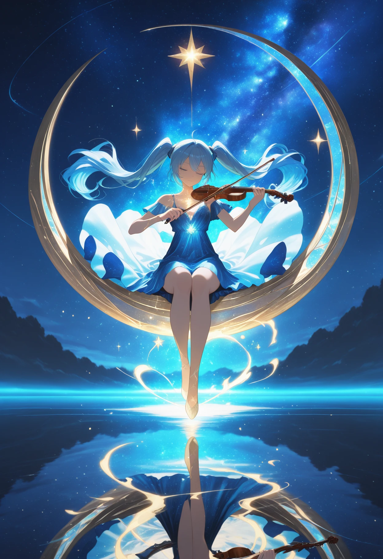 (masterpiece, best quality, ultra-detailed, absurdres, sharp focus, intricate details),
<lora:Blue_light_and_compo:1>, blue light, beautiful, volumetric light,blurry background, depth of field, bokeh,
(masterpiece, best quality, ultra detailed, sharp focus), 1girl, solo, (playing violin:1.3), elegant pose, flowing hair, celestial background,  
surrounded by glowing rings, starry sky, cosmic atmosphere, magical particles, glowing aura,  
long hair, twintails, light dress fluttering, sitting on reflective water surface, glowing reflections,  
blue tones, ethereal light, fantasy, dreamlike, serene expression, galaxy motif, shimmering details