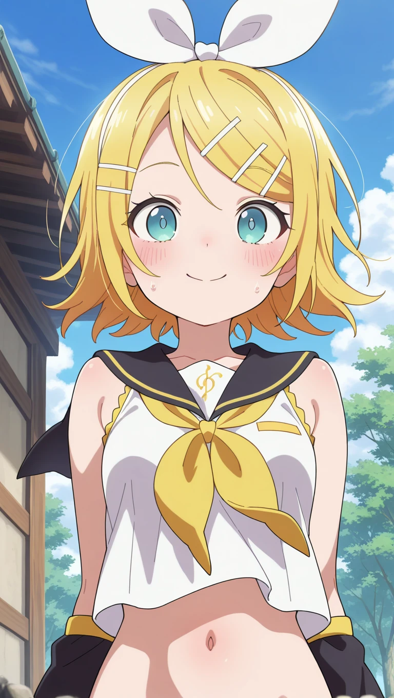 (masterpiece),best quality,amazing quality,very aesthetic,absurdres,newest,perfect body,shiny skin,perfect eyes,detail1eye,well-defined fingers,well-defined fingernails,anime style,outdoors,1girl,solo,upper body,(portrait:1.5),looking at viewer,facing viewer,smile,blush,I Was Reincarnated As The 7th Prince So I Can Take My Time Perfecting My Magical Ability anime style,kagamine rin,short hair,blonde hair,floating hair,white hairband,hair bow,white bow,hairclip,swept bangs,blue eyes,collarbone,bare shoulders,black sailor collar,white shirt,sleeveless shirt,crop top,midriff,yellow neckerchief,black sleeves,detached sleeves,medium breasts,navel,stomach,<lora:Kagamine Rin(voc)-Illus-Remake:1.6>,<lora:I Was Reincarnated As The 7th Prince anime[style]-Illus:2.4>,