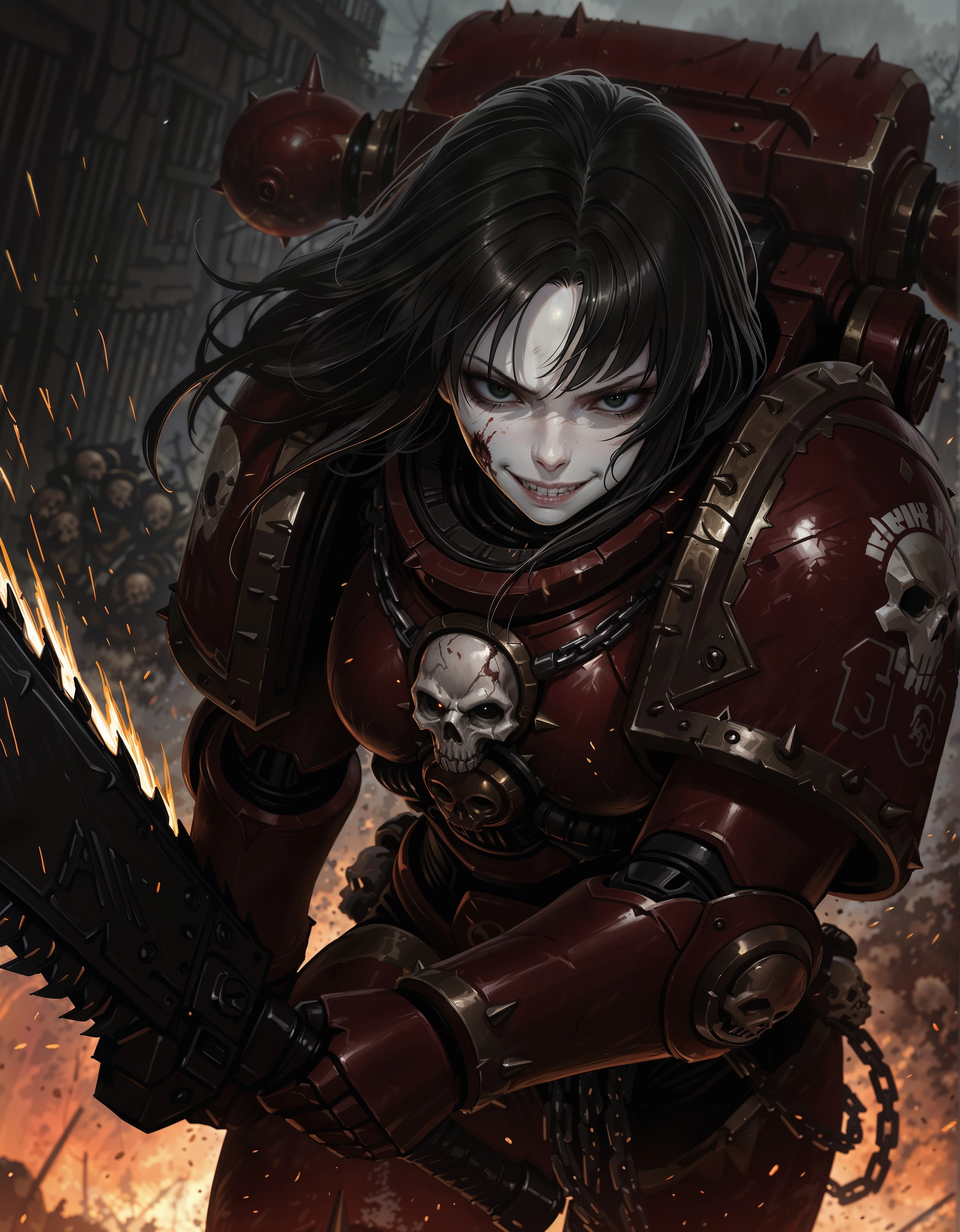 masterpiece, best quality,high quality, newest, highres,8K,HDR,absurdres, dynamic angle, realistic, 1girl, solo, WorldE40K, power armor, bloody face, black hair, pale skin, black eyes, evil smile, holding a chainsword, sparks, skulls, chains, wind, close up, <lora:iLLWorldE40K:1>