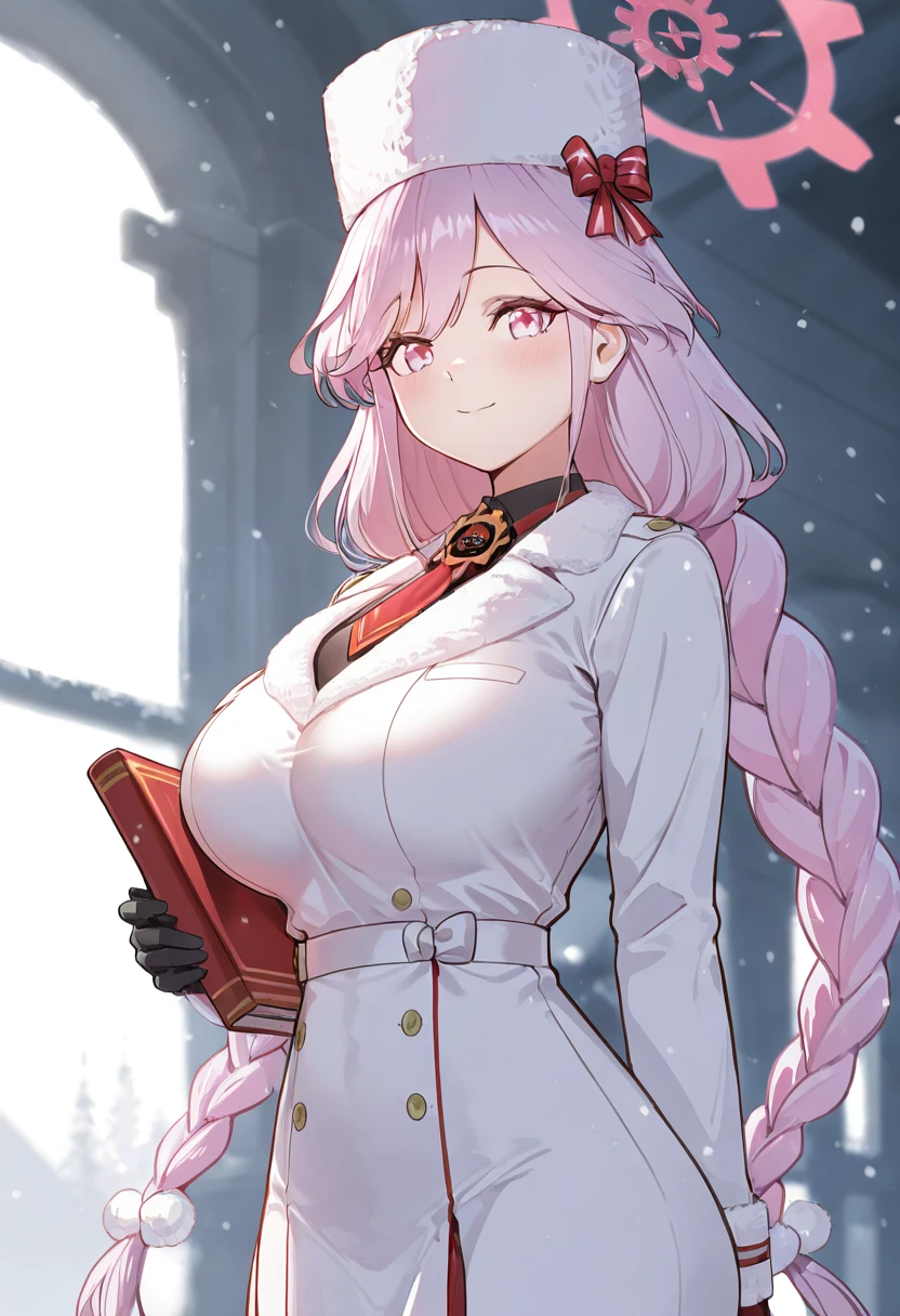 masterpiece, best quality, solo, curvy, beautiful eyes, narrow waist, wide hips, 1girl, solo, smile, looking at viewer, zzTomoe, pink eyes, pink hair, long hair, large breasts, braid, very long hair, pink halo, black gloves, necktie, ushanka, white headwear, fur trim, long sleeves, solo, winter clothes, black pantyhose, purple hair, twin braids, white coat, ,<lora:Tomoe_BlueArchive_IXL:1.0>, upper body, side view, smile, looking at viewer, shiny skin,