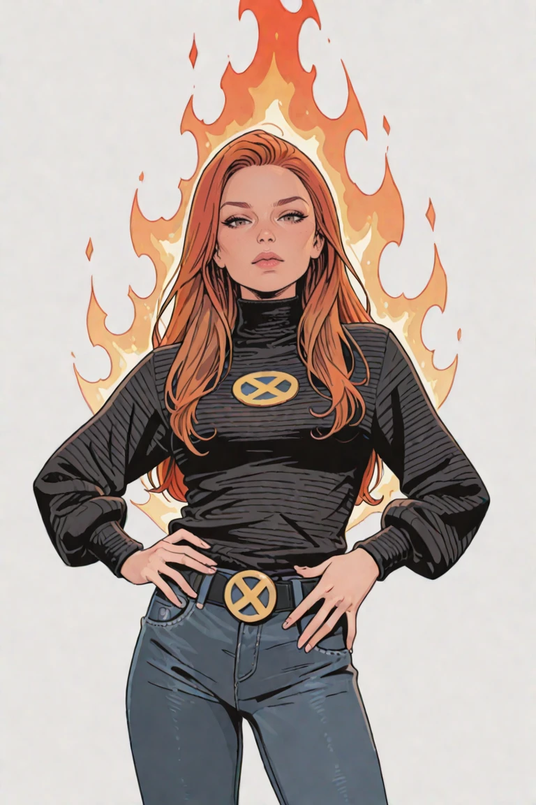 masterpiece, best quality, amazing quality, high resolution, absurdres, newest, very aesthetic, newxmenjean, 1girl, solo, belt, striped shirt, pants, fire, realistic, hand on own hip, shirt, turtleneck, long hair, lips, striped clothes, looking at viewer, red hair, brown hair, jeans, grey background, denim, sweater, cowboy shot, simple background, orange hair