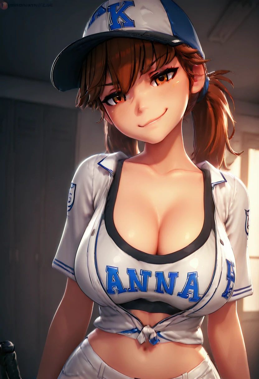 masterpiece, best quality, solo, curvy, beautiful eyes, narrow waist, wide hips, 1girl, solo, smile, looking at viewer, dynamic angle, foreshortening, close up,    3d,  zzAnna, brown eyes, brown hair, long hair, ponytail, large breasts,  baseball cap, baseball uniform, white shorts, smug,  <lora:AnnaAnon_IXL:1.0>,  , smile, looking at viewer, zzHyp3r, upper body, backlighting,  <lora:HyperHighlight_IXL:0.8>,