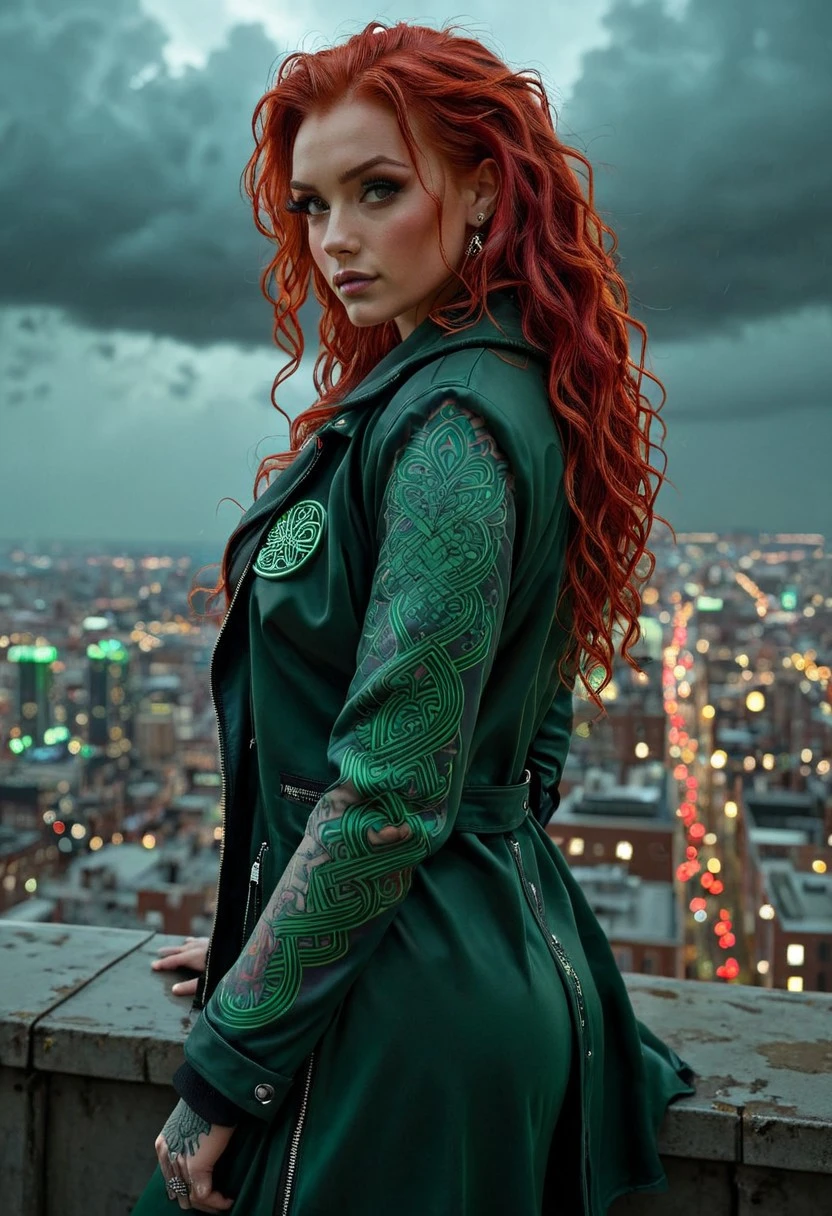 ScarletQueen, photorealistic, cinematic realism, modern city rooftop, neon reflections, Celtic-inspired tattoos, flowing jacket, red hair glowing in city lights, confident pose, dramatic atmosphere, storm clouds, gritty urban fantasy vibe, high detail, sharp focus