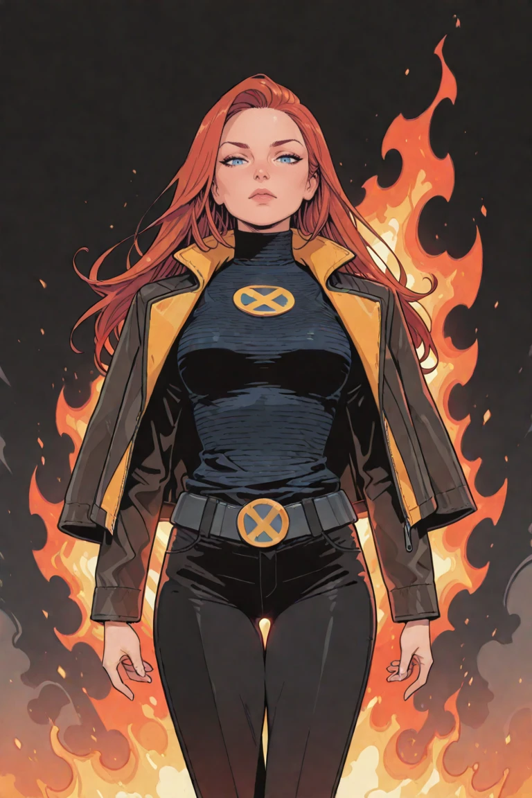 masterpiece, best quality, amazing quality, high resolution, absurdres, newest, very aesthetic, newxmenjean, 1girl, solo, fire, red hair, belt, jacket, pants, blue eyes, turtleneck, thigh gap, looking at viewer, long hair
