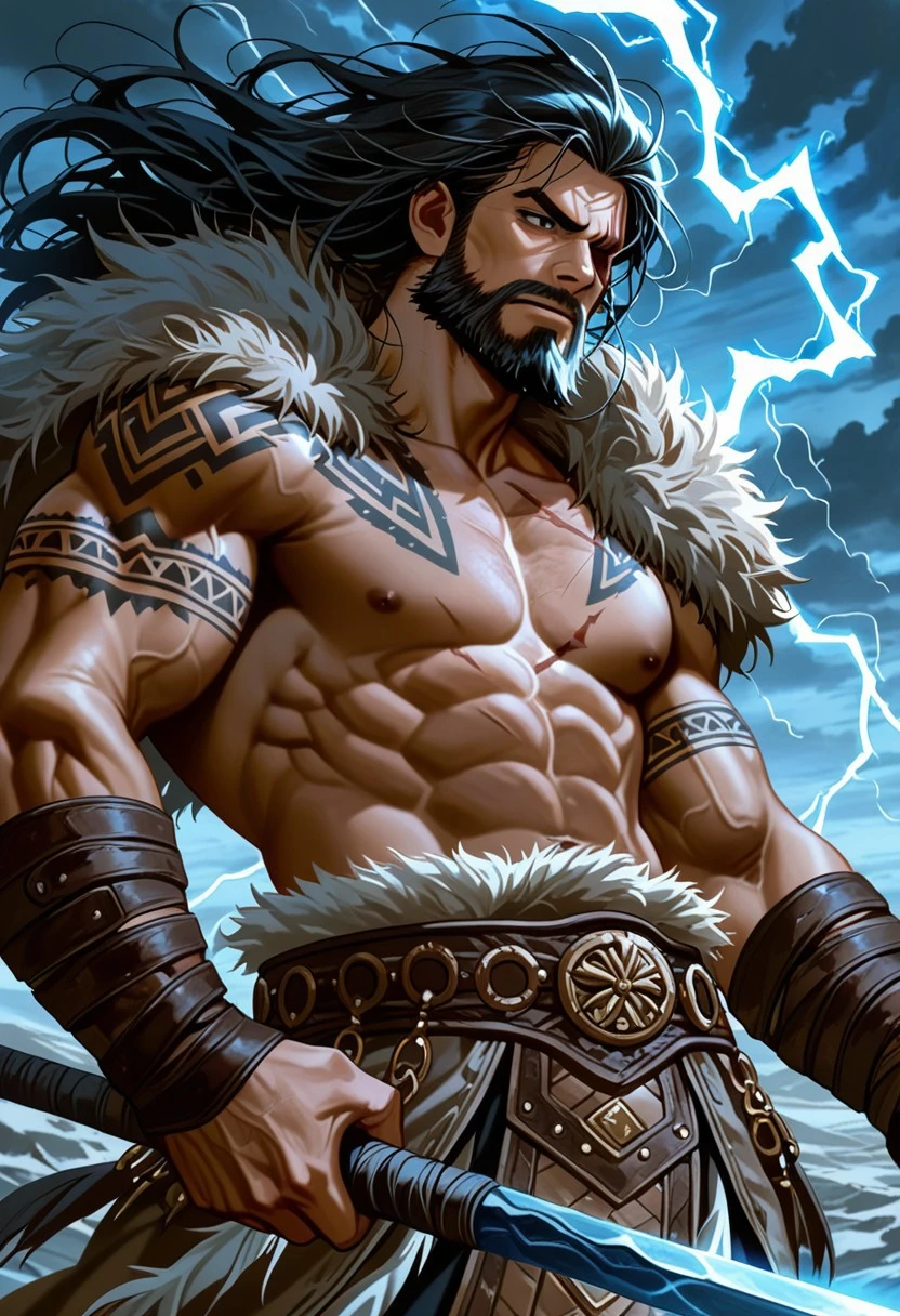Masterpiece, best quality, concept art, solo, 1boy, tall and broad-shouldered with defined muscles, weathered tanned skin, rugged beard and long black hair tied loosely, sharp intense gaze, scar across one eye, tribal tattoos glowing faintly on arms and chest, wearing fur-lined leather armor with metal accents, wolf pelt draped across his shoulders, carrying a long spear with an ornate blade, storm clouds gathering behind him, blue lightning illuminating the scene, strong wind lifting strands of his hair and fur, cinematic composition with dramatic lighting, atmosphere of power and ancient strength, mythic and imposing presence.
