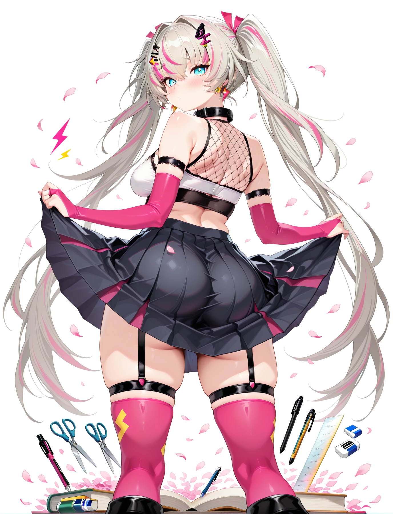 <lora:LECO-mature_female_XL(ill)v11:1> , <lora:Curvier:1>plump, thick thighs, wide hips, curvy,
<lora:LiaPC:1> LiaPC, platinum hair, hair between eyes, bangs, streaked hair, multicolored hair, very long twintails, aqua eyes, hairpins, hair ornament, ribbons, earrings, medium breasts, black collar, bare shoulders, sleeveless dress, fishnet triangle top, two-tone top, pink lightning bolt print black pleated skirt, thigh strap, black lace armlet, pink elbow bridal gauntlets, black and pink legwear, cross print pink thighhigh, mismatched thighhighs, thigh strap, garter straps, asymmetrical legwear, pink trim platform boots, black lace-up boots, off shoulder jacket,
<lora:senjougaharahitagi-skirt-lift-pose-illustriousxl-lora-nochekaiser:1> senjougaharahitagi skirt lift pose, solo, skirt, looking back, from behind, clothes lift, book, petals, skirt lift, skirt hold, pen, pencil, scissors, eraser, mechanical pencil, ruler, boxcutter, impossible storage,, IllusP0s, masterpiece, best quality, amazing quality, very aesthetic, absurdres, newest, Smooth_Quality