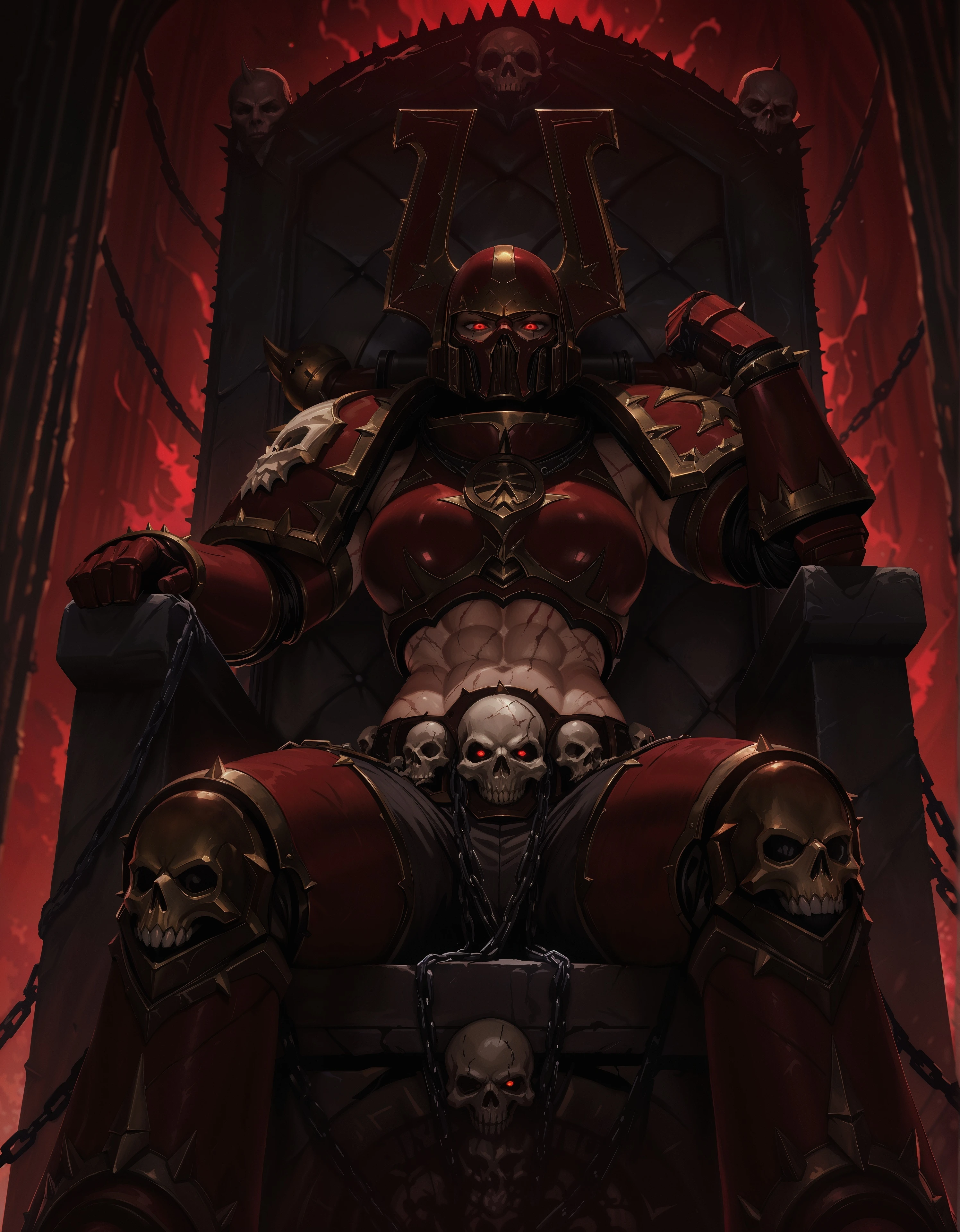 masterpiece, best quality,high quality, newest, highres,8K,HDR,absurdres, dynamic angle, realistic, 1girl, WorldE40K, armor, helmet, glowing red eyes, sitting on throne, close up, midriff, abs, scars, tall, powerful, muscular, blood, skulls, chain, red aura, skull throne <lora:iLLWorldE40K:1>