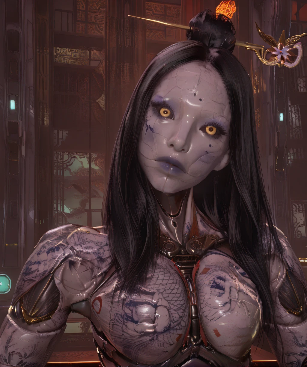 krkrixl, yellow eyes, black hair, hair stick, single hair bun, makeup, head tilt,
upper body, armor, looking at viewer,
indoors, east asian architecture, science fiction,
clear composition, atmospheric haze, ambient occlusion, dark,
(insanely detailed, masterpiece, best quality), <lora:Karakurixl-12v1-iLL:1>,