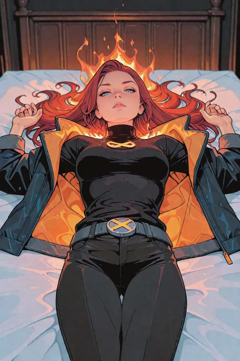 masterpiece, best quality, amazing quality, high resolution, absurdres, newest, very aesthetic, newxmenjean, 1girl, solo, fire, red hair, belt, jacket, pants, blue eyes, turtleneck, thigh gap, looking at viewer, long hair, laying on back, bedroom scene