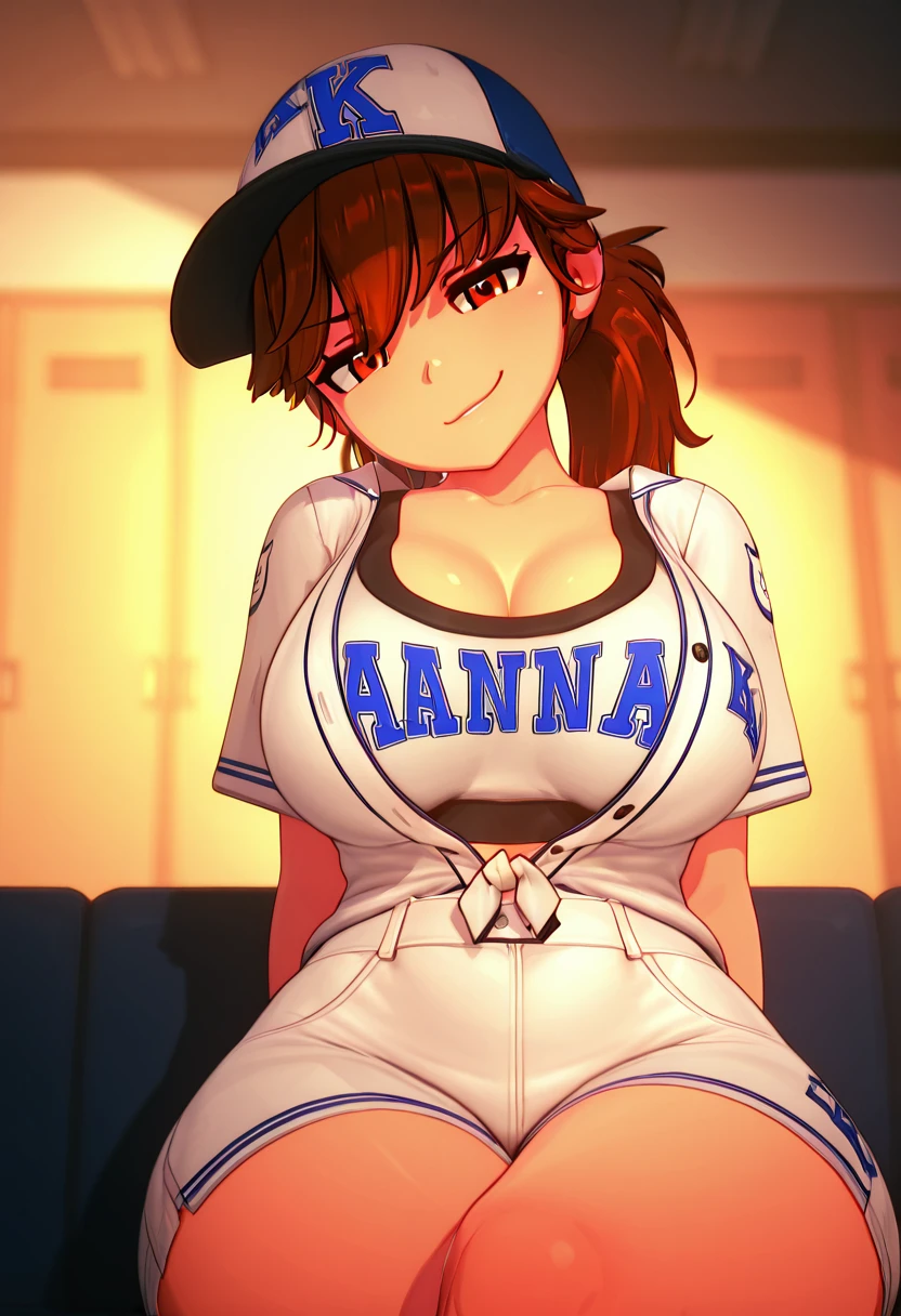 masterpiece, best quality, solo, curvy, beautiful eyes, narrow waist, wide hips, 1girl, solo, smile, looking at viewer, dynamic angle, foreshortening, close up,    3d,  zzAnna, brown eyes, brown hair, long hair, ponytail, large breasts,  baseball cap, baseball uniform, white shorts, smug,  <lora:AnnaAnon_IXL:1.0>,  sitting, crossed legs, upper body focus, smile, looking at viewer,