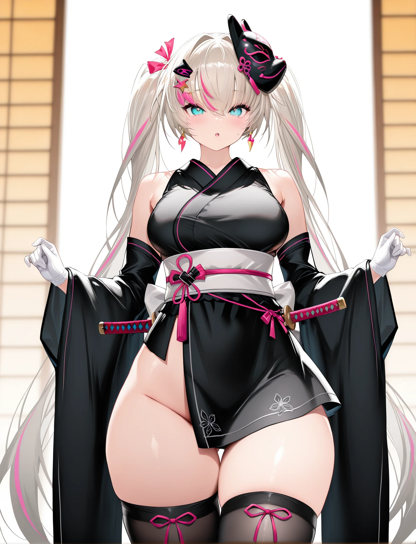 <lora:LECO-mature_female_XL(ill)v11:1> , <lora:Curvier:0.5>plump, thick thighs, wide hips, curvy, thigh gap,
<lora:LiaPC:1> LiaPC, platinum hair, hair between eyes, bangs, streaked hair, multicolored hair, very long twintails, aqua eyes, hairpins, hair ornament, ribbons, earrings, medium breasts,
<lora:fox mask katana_IL:1> fmk, fox mask, mask on head, bare shoulders, long sleeves, detached sleeves, sleeveless, wide sleeves, black short kimono, white gloves, obi, black thighhighs, zouri, sheath, sheathed, short katana on back,, IllusP0s, masterpiece, best quality, amazing quality, very aesthetic, absurdres, newest, Smooth_Quality