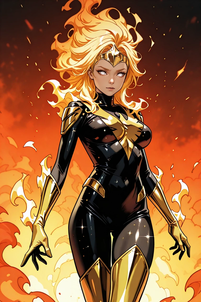 amazing quality,highres,absurdres,newest,cosmicphoenix, 1girl, solo, fire, long hair, , thigh boots, blonde hair, fiery hair, , gloves, boots, , thighhighs, yellow gloves, white eyes, firey hair, armor, tokusatsu, tiara, phoenix symbol, gold, yellow gloves, yellow boots,