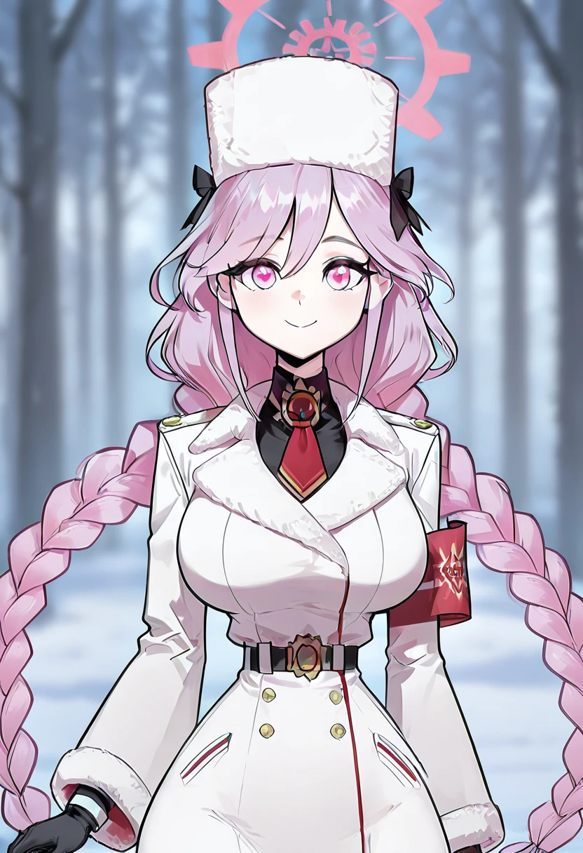 masterpiece, best quality, solo, curvy, beautiful eyes, narrow waist, wide hips, 1girl, solo, smile, looking at viewer, zzTomoe, pink eyes, pink hair, long hair, large breasts, braid, very long hair, pink halo, black gloves, necktie, ushanka, white headwear, fur trim, long sleeves, solo, winter clothes, black pantyhose, purple hair, twin braids, white coat, ,<lora:Tomoe_BlueArchive_IXL:1.0>, , solo, looking at viewer, dynamic pose, <lora:Style60_IXL:1.5>