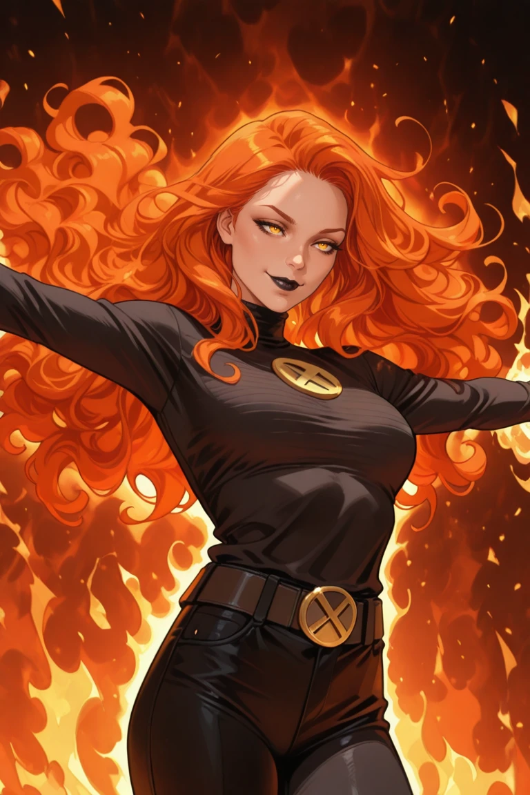 masterpiece, best quality, amazing quality, high resolution, absurdres, newest, very aesthetic, newxmenjean, 1girl, solo, long hair, black turtleneck, black pants, outstretched arms, spread arms, belt, orange hair, big hair, smile, lipstick, black lips, wavy hair, curly hair, jewelry, cowboy shot, fire, glowing, magic, aura, 