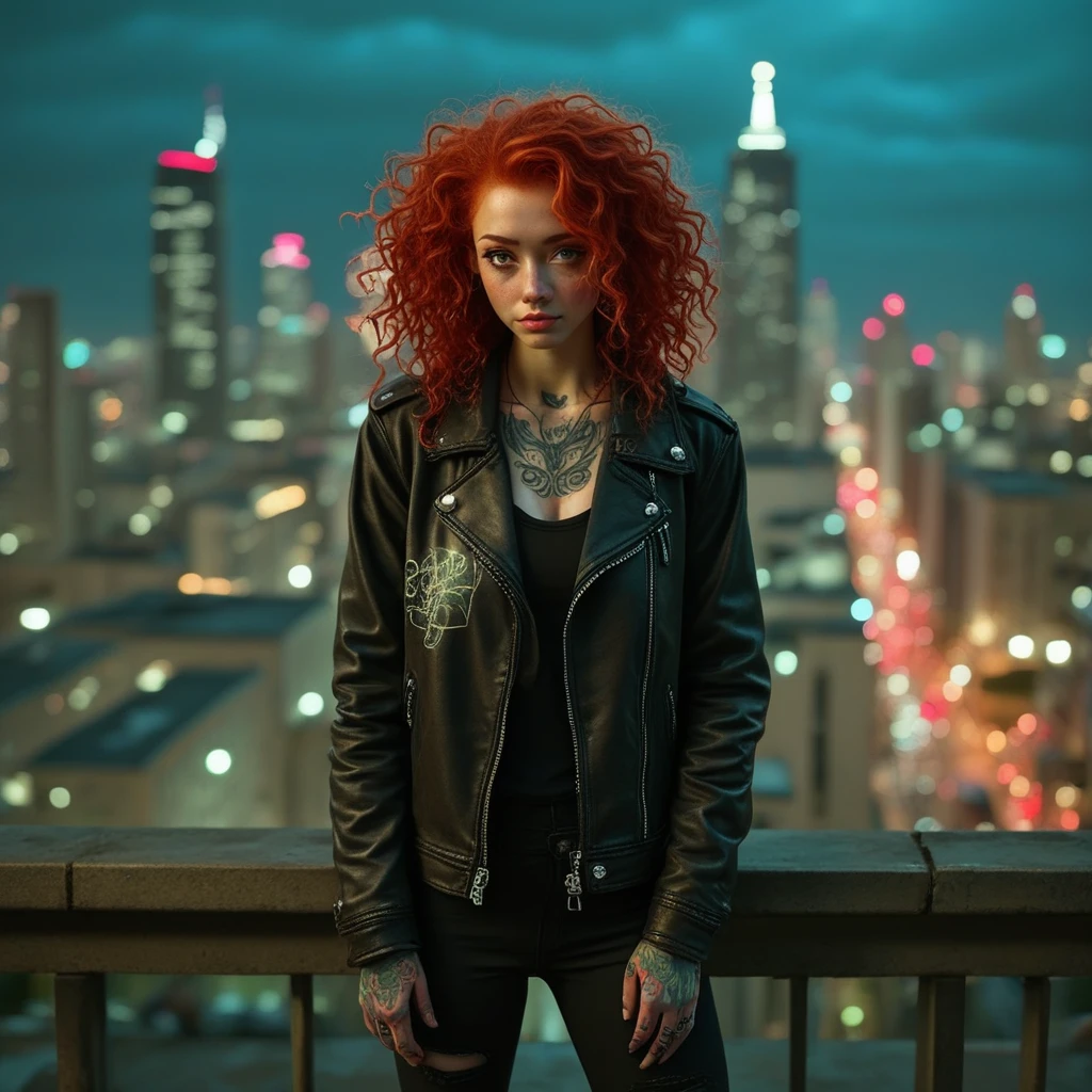 standing on a neon-lit rooftop in a contemporary city at night, arms resting on railing, red curly hair flowing in the wind, tattoos glowing faintly under city lights, leather jacket with plaid accents and urban streetwear, distant skyscrapers and graffiti walls in background, cinematic lighting with volumetric fog and reflections on wet surfaces, confident rebellious pose