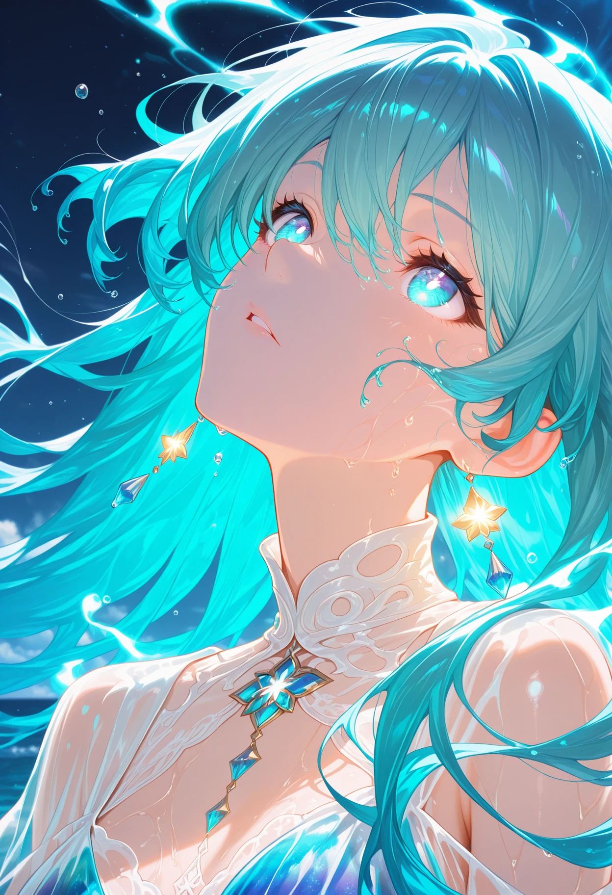(masterpiece, best quality, ultra-detailed, absurdres, sharp focus, intricate details),
<lora:Blue_light_and_compo:1>, blue light,BlueLight, beautiful, volumetric light,((blurry background, depth of field, bokeh))
(masterpiece, best quality, ultra detailed, sharp focus),
1girl, close-up portrait, upper body, looking up, ethereal expression,
long aqua hair, flowing hair, hair strands floating, glowing highlights,
wet look, water particles, glowing aura, celestial light, radiant cross light behind,
translucent fabric, sheer dress, elegant, fantasy style,
ocean waves, droplets, water splash effects, magical atmosphere, divine presence