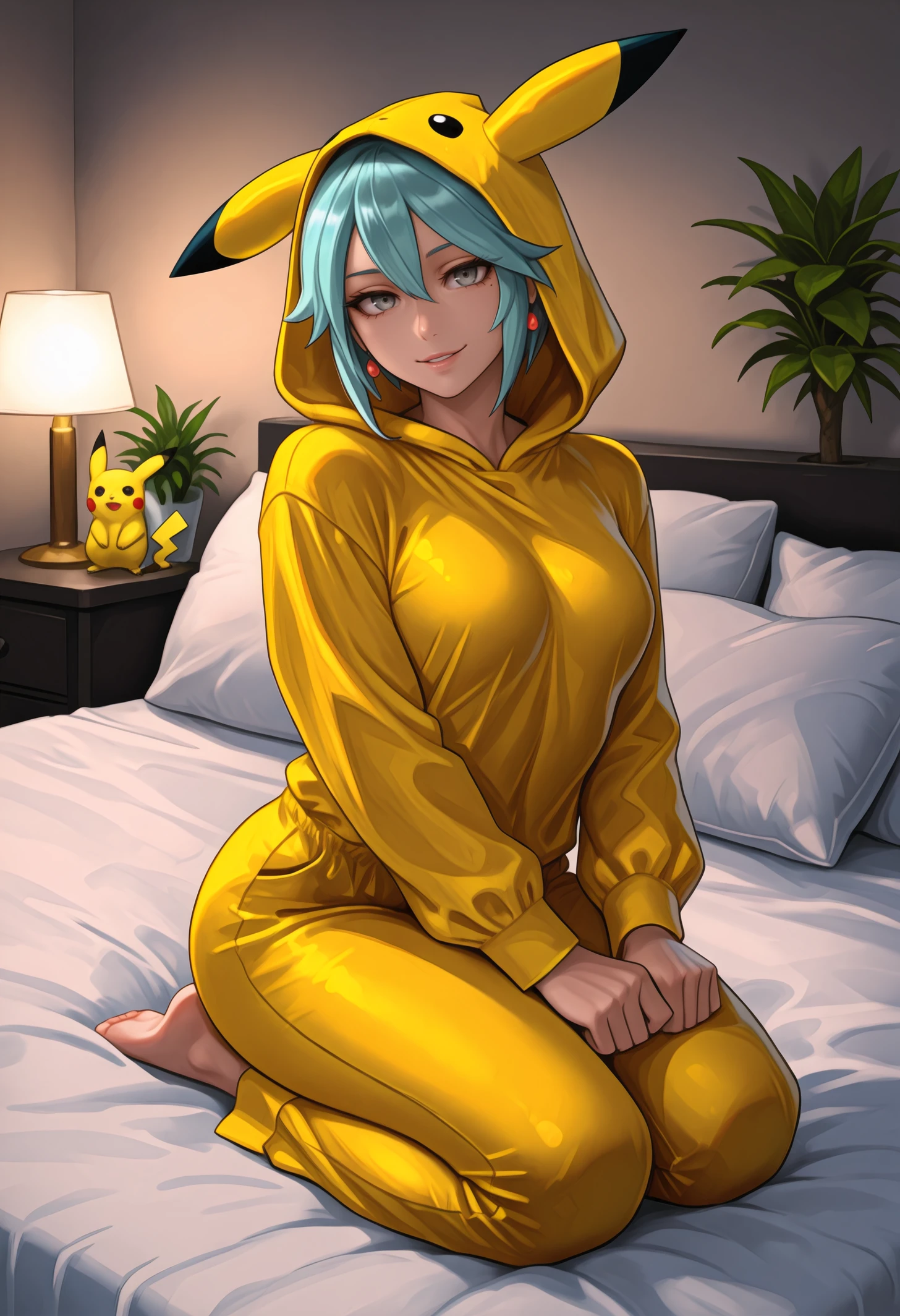 masterpiece, best quality, 1girl, grey eyes, Aqua hair, short hair, hair between eyes, , toned, (mole under eye:0.9),
hood, full body, jewelry, earrings, hood up, long sleeves, yellow pajamas, pikachu, pokemon ears, long pants,
looking at viewer, smile, parted lips, barefoot, sitting, seiza,
indoors, plant, pillow, on bed, lamp, bed, cosplay, potted plant,
<lora:Dagr-Fire-Emblem-NoobAi-1.1_V1-Manityro-CAME:1.0>,