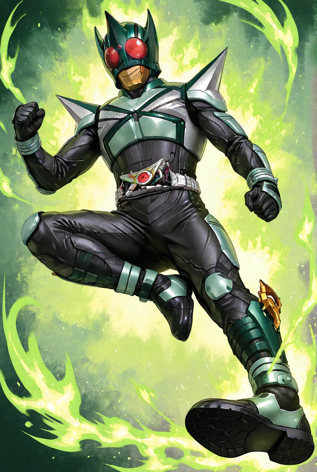 very awe,aesthetically pleasing,masterpiece,best quality,amazing quality,very aesthetic,ultra-detailed,high resolution,8k,1boy,solo,male focus,detailed face,armor,belt,bodysuit,helmet,red eyes,tokusatsu,spikes, kicking, flying kick, full body, boots, foreshortening, shoe soles, clenched hand,green fire background,<lora:add-detail-xl:1>,<lora:kamen rider kick hopper:0.7>,kick h0pper,<lora:riderkick_Illust_v1:0.6>,rider kick,