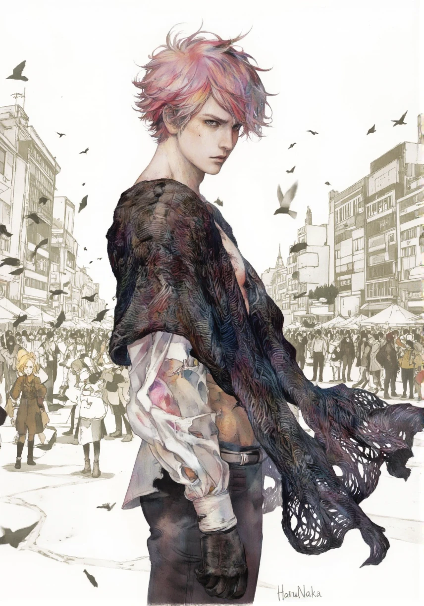 HaruNaka style. A digital illustration shoot from the side about a young man with pink hair standing in the middle of a cityscape, surrounded by a crowd of people. the main subject, a muscular male with short, spiky pink hair, is standing confidently in the center of the image, looking directly at the viewer with a slight smile on his face. he is wearing a dark, knitted shawl draped over his shoulders, revealing his bare shoulders and toned physique. the background features a bustling cityscape with tall buildings and a few birds flying in the air, creating a vibrant and lively atmosphere. the artist's signature is in the bottom right corner, adding a personal touch to the image.
1girl, long hair, breasts, looking at viewer, smile, shirt, blonde hair, long sleeves, 1boy, gloves, closed mouth, standing, brown eyes, white shirt, multicolored hair, pantyhose, jacket, bird, black gloves, open clothes, cropped shirt, torn clothes, messy hair, city, torn sweater, cityscape
camera_angle: from side, art_style: digital illustration, location: urban setting, background: a crowd with silhouettes of people and buildings in the distance, text: NA, distance_to_camera: upper body, clothing: knitted sweater, image_composition: middle, pants: black leggings, accessory: gloves, shoes: N/A, action: standing confidently, facing_direction: facing viewer, eye_ direction: looking to the side, facial_expression: smile, ear: NA), eye_color: blue eyes, gender: 1man, hair_colour: pink hair