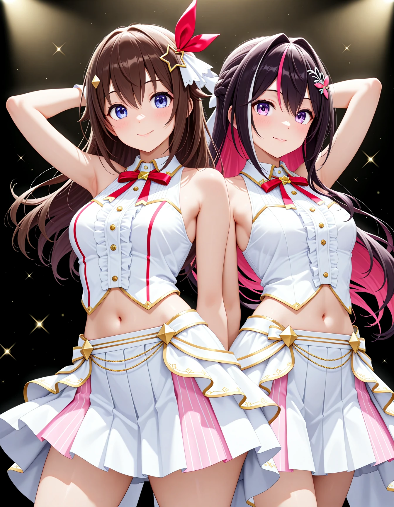 <lora:A dmd2-lighting8step_cfg1.5:1>,official style,masterpiece,best quality,very aesthetic,absurdres,newest,posing,2girls,azki \(hololive\),tokino sora,sparkle_background,