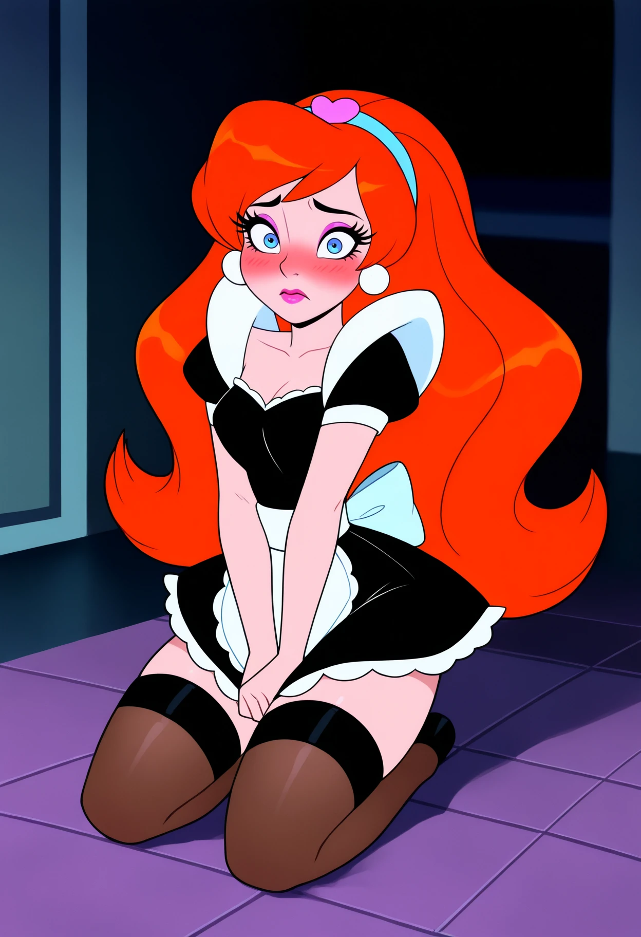 masterpiece, best quality, very aesthetic, absurdres,
1girl, kimberly, long hair, orange hair, blue eyes, hairband, earrings, makeup,
black dress, maid uniform, maid, maid outfit, embarrassed, kneeling, stockings, looking at viewer, solo, indoors, bedroom background <lora:KimberlyNoobXL_byKonan:1>
