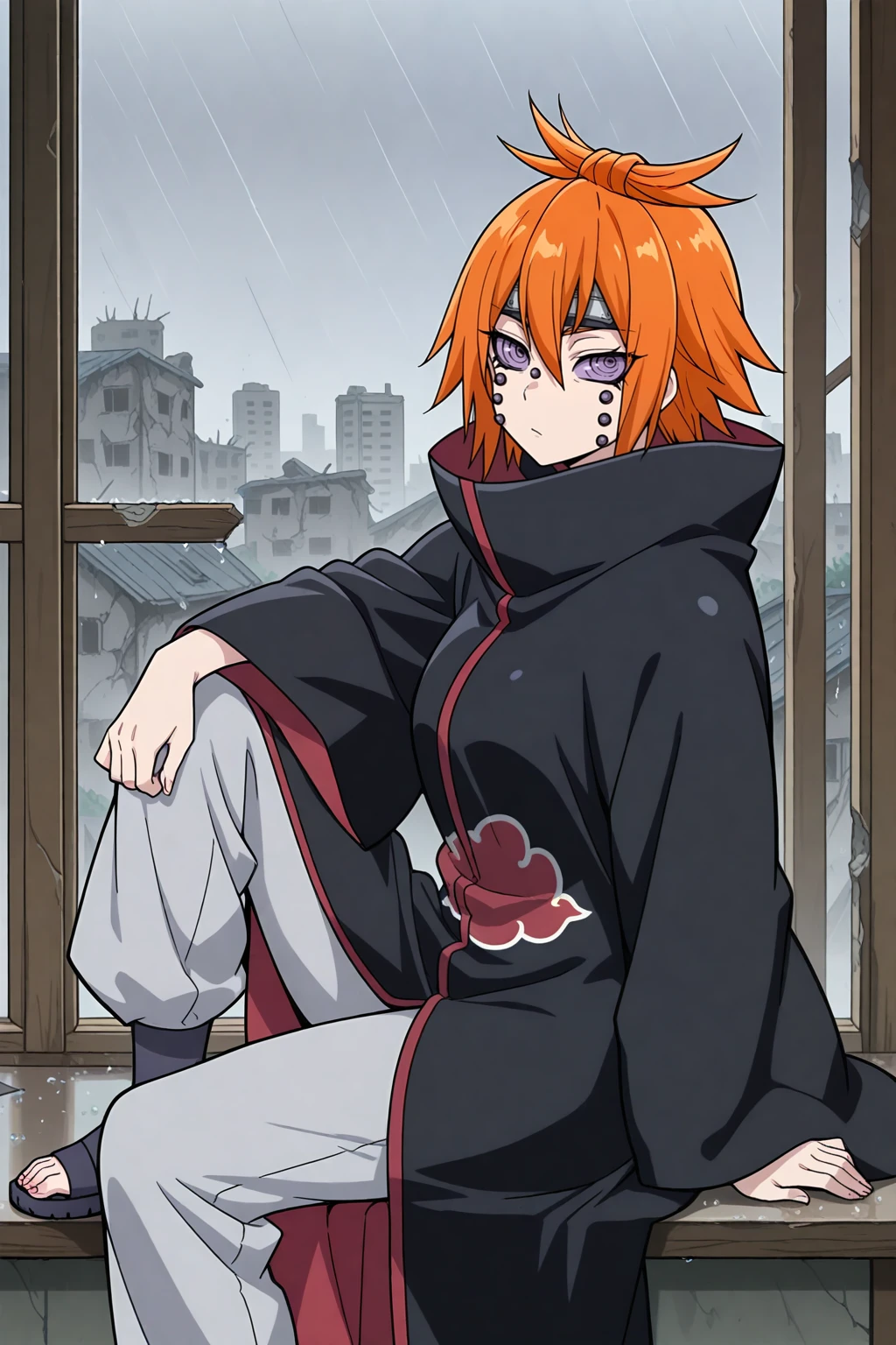 masterpiece, best quality, absurdres, highres, normal quality, very aesthetic, anime screencap, chikushodo, 1girl, orange hair, forehead protector, piercing, (akatsuki uniform), (looking at viewer), purple sclera, ringed sclera, ringed eyes, rinnegan, indoors, half-closed eyes, big sleeves, collarbone, (white-grey pants), [from side], black sandals, red nais, sitting on window, abandoned house, city ruins, grey background, rain, elbow on knee, arm support,