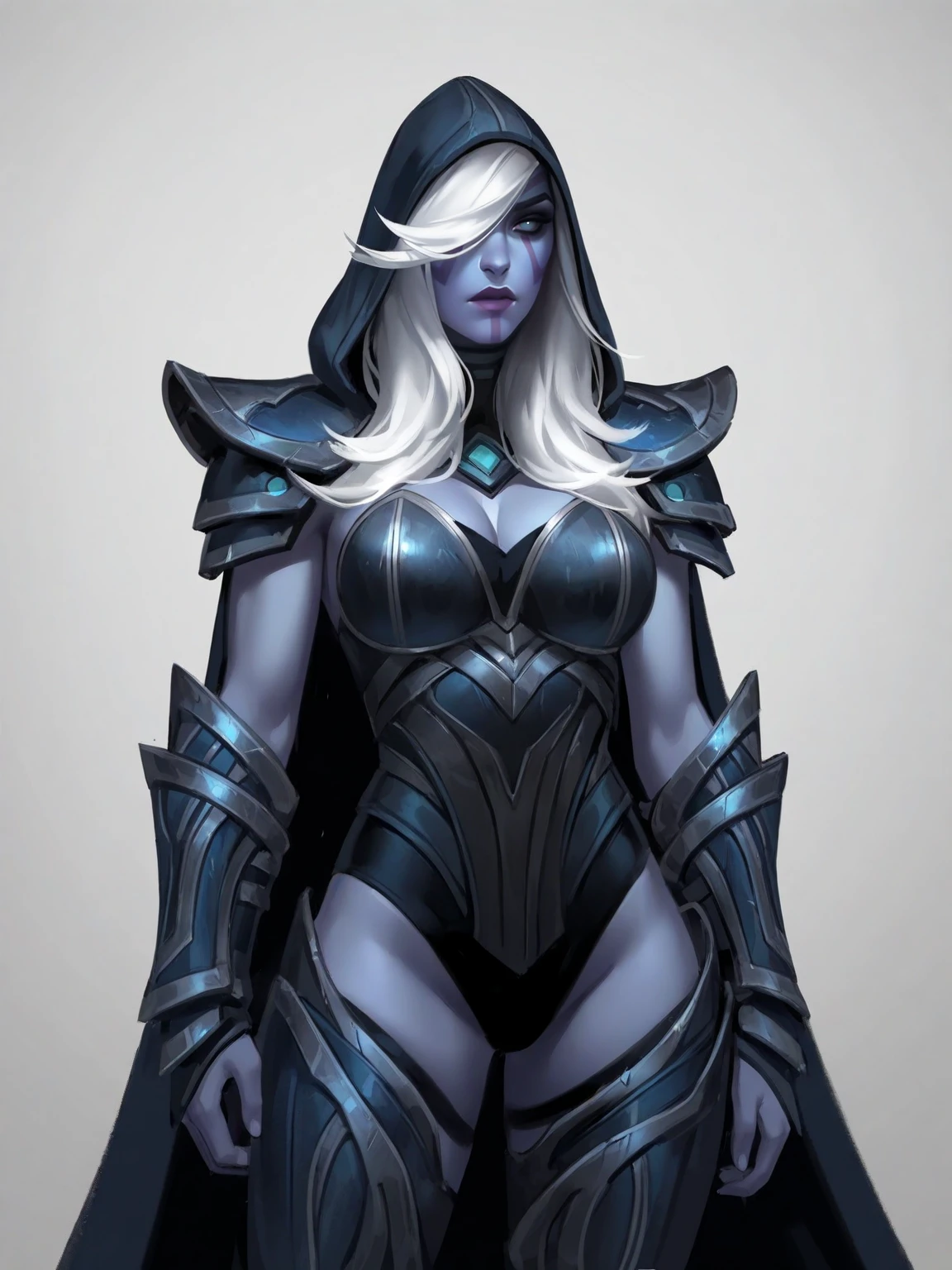<lora:DotA_DrowDefault-IL:0.8> 1girl, solo, cowboy shot, white background, d2drwdef, white hair, hair over one eye, facial mark, colored skin, purple lips, hood up, cape, shoulder armor, leotard, cleavage, vambraces, greaves, DogePOS-NAI_30v
