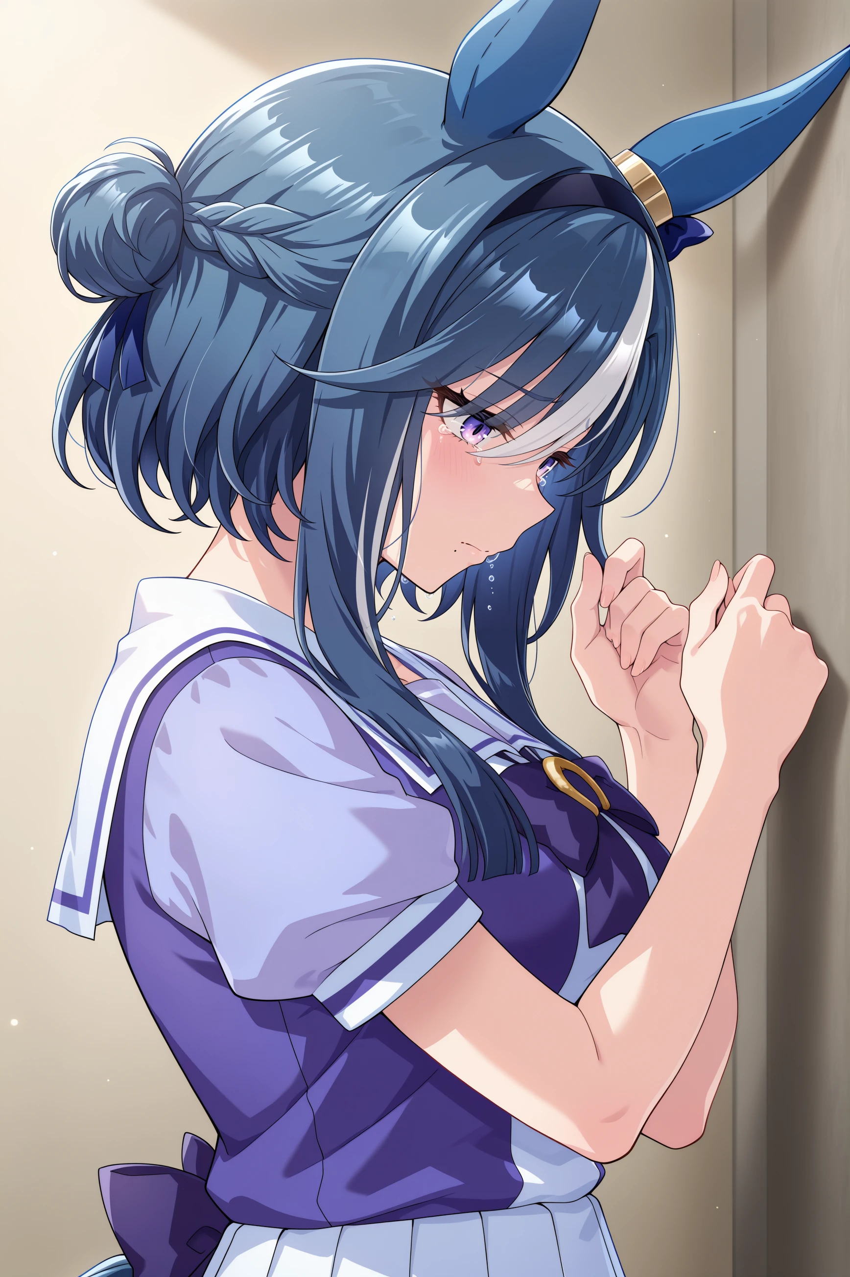1girl, admire groove \(umamusume\), umamusume, animal ears, horse ears, horse girl, solo,
blue hair, purple eyes, multicolored hair, hair bun,ear covers, ear bow, medium breasts, white hair, two-tone hair, streaked hair, ear ornament, black hairband, medium hair, mole under mouth, blue bow, short hair with long locks, eyes visible through hair, hair over one eye,
<lora:admiregroove_Illust_v2:0.7>
tracen school uniform, short sleeves, summer uniform,
from side, upper body, looking down, sobbing, closed mouth,
(masterpiece, best quality, newest, highres), (anime coloring:1.5), (anime screenshot:1.5)