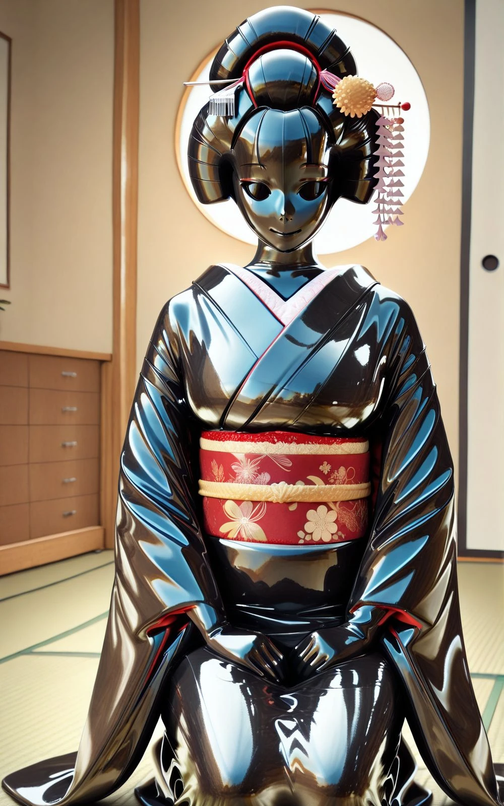 masterpiece, best quality, high resolution, 1girl, solo,  <lora:Maniajuns:1>, maniajuns, black skin, (black lenses, hidden eyes:1.3), black hair, long kimono, black latex kimono, red obi, geisha hair, kanzashi, kneeling, tatami room, hands on lap, looking at viewer, happy <lora:kimono:1>, large breasts