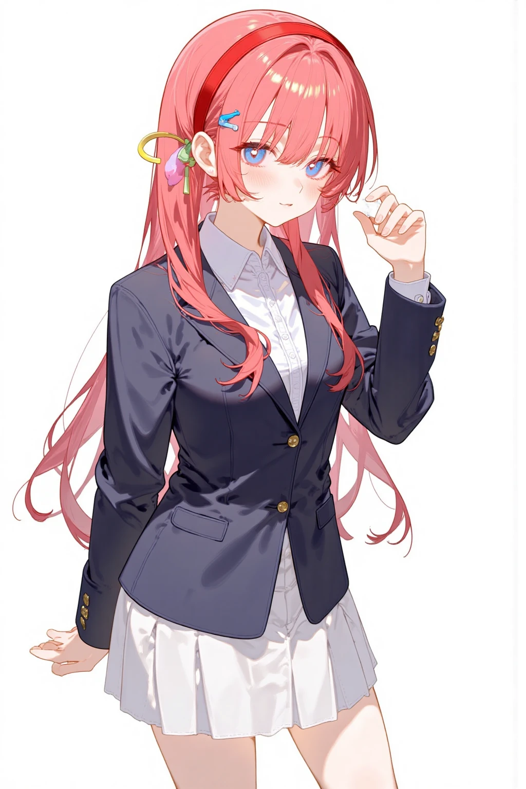 acgn,white skirt, red hair, sfw, 1girl, skirt, hair ornament, long hair, solo, heart, long sleeves, white background, twin tails, white shirt, heart hair ornament, hairclip, original, looking at viewer, simple background, blue eyes, school uniform, shirt, long hair tied low, very long hair, full body, hair ribbon, blazer, jacket, pleated skirt, red hairband, red ribbon, hairband, ribbon