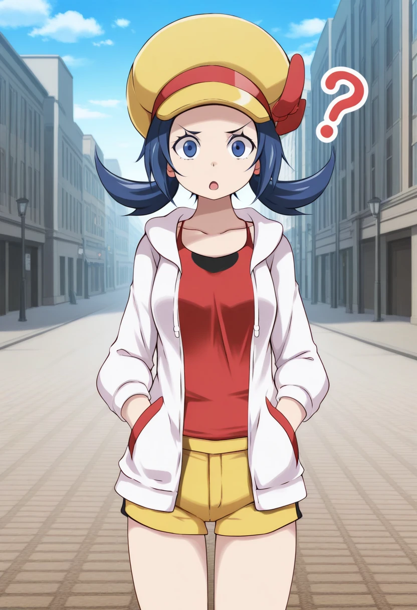 1girl, solo, kotonelyratsukishiro, blue hair, low twintails, long hair, blue eyes, yellow cabbie hat, white jacket, hoodie, open jacket, red tank top, long sleeves, collarbone, yellow shorts, short shorts, outdoors, sky, city, street, road, cowboy shot, standing, open mouth, raised inner eyebrows, confused, ?, question mark, straight on, hands in pockets