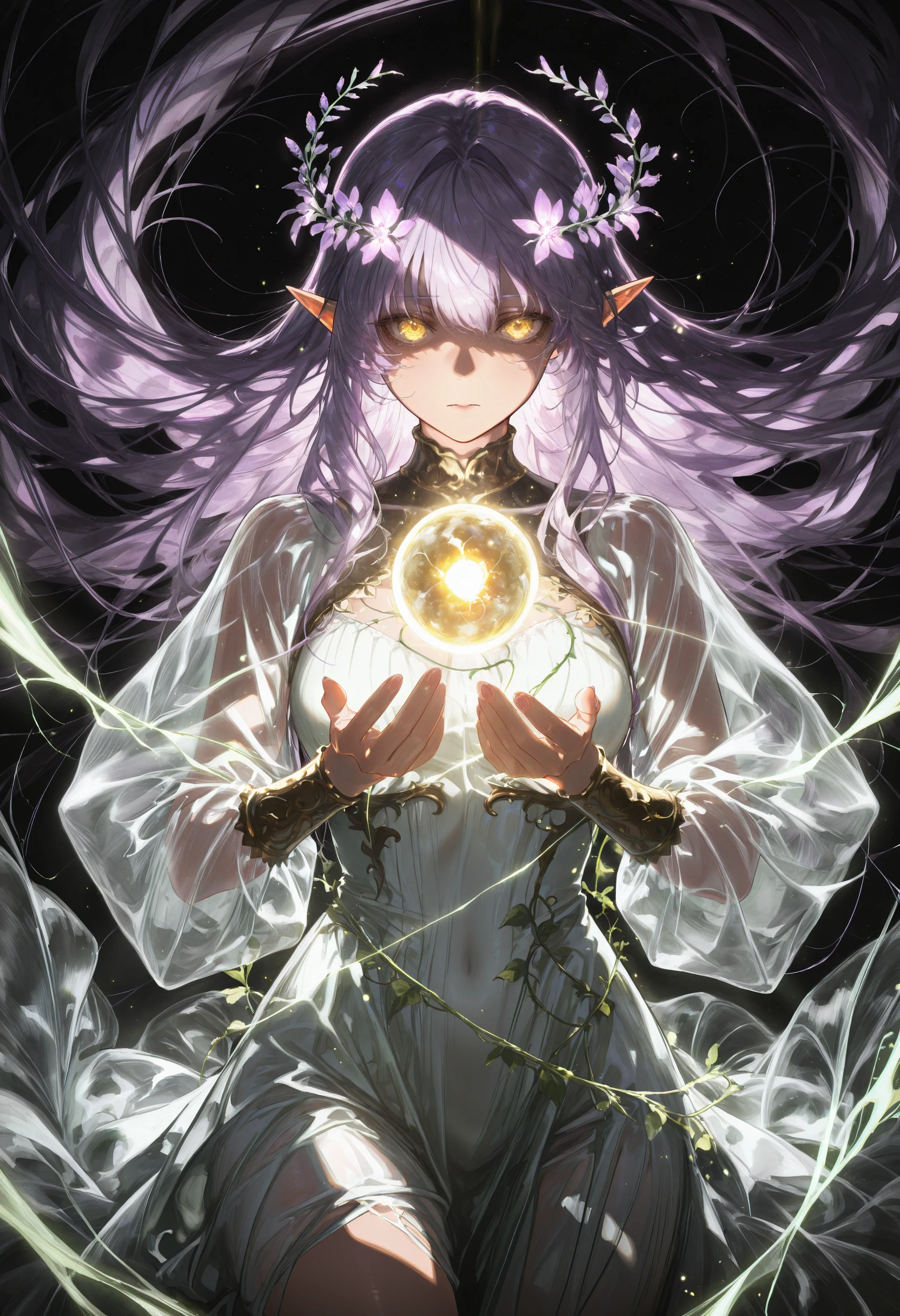 masterpiece, best quality, amazing quality, absurdres, highres, fantasy illustration, very aesthetic, intricate details,GakuStyle
BREAK
1girl, solo, elf, pointy ears, very long hair, lavender hair, glowing flowers in hair, golden eyes, gentle expression, detailed face, ethereal,
BREAK
long flowing dress, white dress, silk and vines, translucent sleeves, jewelry,
BREAK
standing, holding glowing orb, looking at viewer, cowboy shot, upper body, volumetric lighting, fireflies, magical particles, cinematic, simple background, black background,