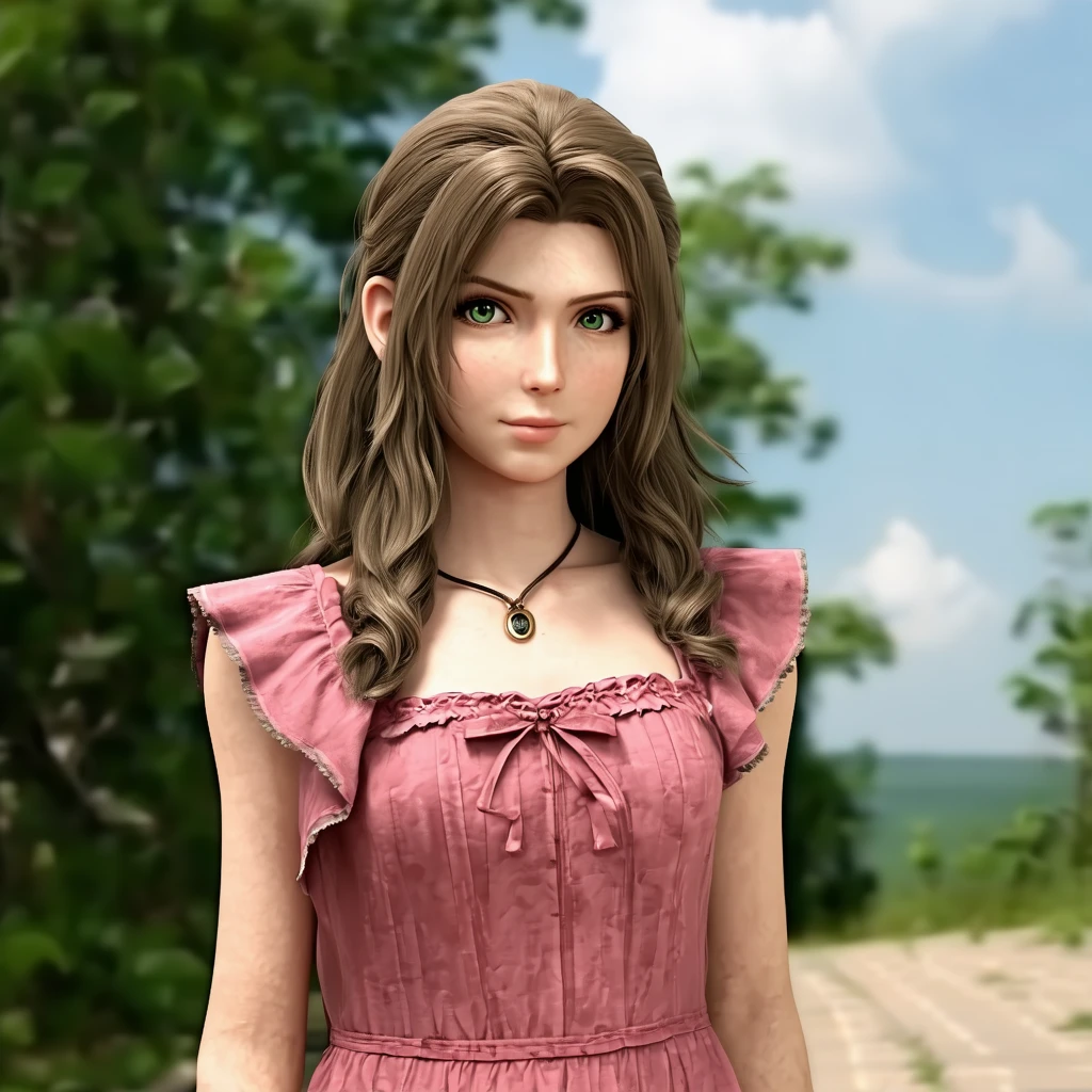 aid_aerith_ff7, aerith gainsborough, 1girl, solo, long hair, brown hair, green eyes, pink dress, long dress, sleeveless, looking at viewer, standing, outdoors