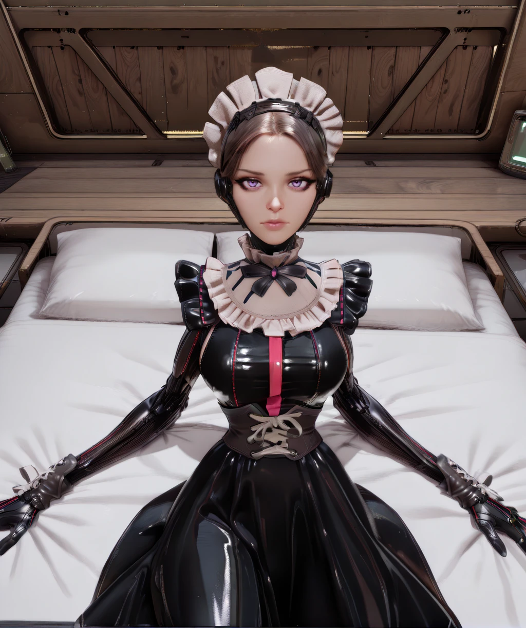 arisasbxl, brown hair, purple eyes, makeup,
maid, black dress, frills, mechanical arms, corset, looking at viewer,
bed, large breasts, lying,
wood wall, counter, science fiction,
clear composition, atmospheric haze, ambient occlusion,
(insanely detailed, masterpiece, best quality), <lora:MaidArisaSBxl-12v1-ILL:0.9>,