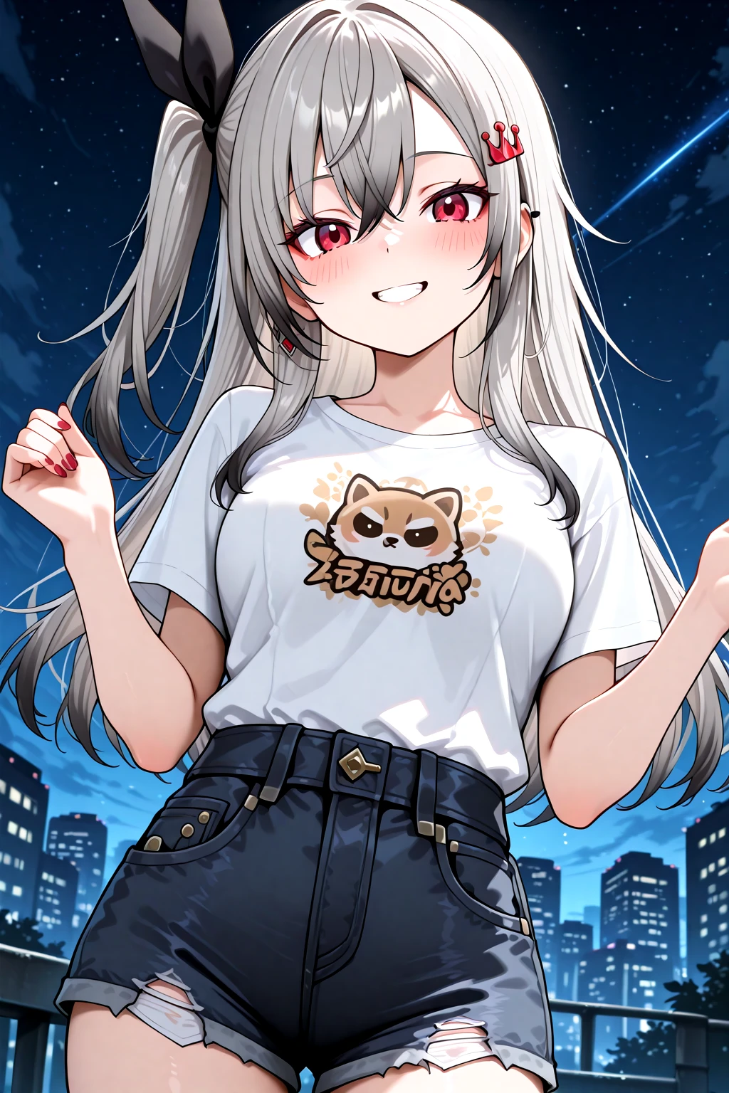 masterpiece, best quality, amazing quality, 1girl, solo, makeup, general, full shot, looking at viewer, blush, dramatic angle, smile, confident, open mouth, grin, tsurime, seduce, outdoors, cityscape, starry night, hands up, <lora:Hololive_Riona:0.7>, Hololive_Riona, long hair, red eyes, grey hair, hair ornament, hairclip, black hair ribbon, hair between eyes, side ponytail, one side up, breasts, sidelocks, nail polish, <lora:Spiffo_T_Shirt:1>, Spiffo_T_Shirt, t-shirt, white shirt, print shirt, short sleeves, raccoon print, denim shorts, torn pants, <lora:wai-A3-V140:1>, <lora:illustrious_noobai_epsilon_pred_1_masterpieces_v1:1>