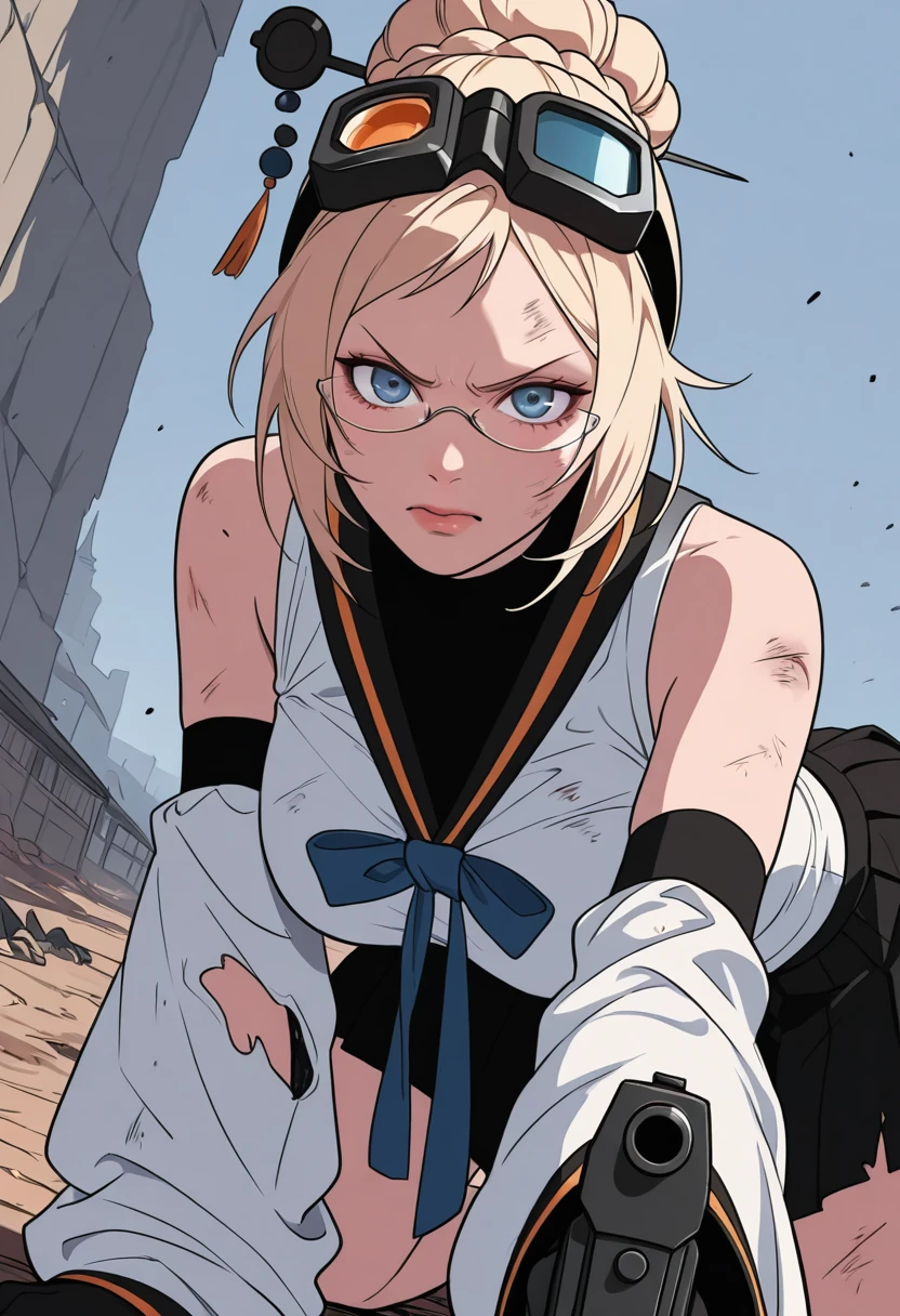 HDR, masterpiece, best quality, very aesthetic, (realistic:1.1), (flat color:1.5),
bibi, 1girl, solo, blue eyes, blonde hair, hair ornament, glasses, hair bun, single hair bun, goggles on head, hair stick, braid,
dress, black sailor collar, detached sleeves, wide sleeves, bare shoulders, white shirt, sleeveless shirt, pleated skirt, elbow gloves, large breasts, detailed background, war, angry, torn clothes, dirty, scratches, all fours, pov gun, gun pointing her, looking at viewer