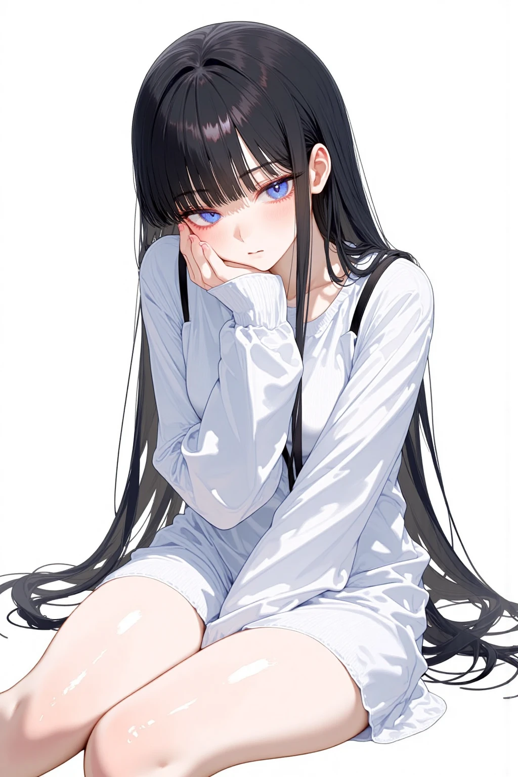 acgn,white shirt, long hair, black hair, bangs, white background, original, shirt, black eyes, long sleeves, 1girl, sfw, parted lips, solo, sitting, eyebrows visible through hair, looking at viewer, simple background, blue eyes, very long hair, thigh strap, blunt bangs, hair between eyes, long hair over , , white shirt, thigh, collarbone, ,  legs, long hair over 