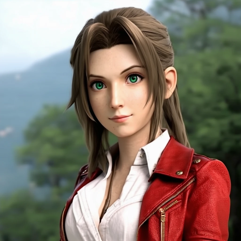 aid_aerith_ff7, aerith gainsborough, 1girl, long hair, brown hair, green eyes, white shirt, red jacket, looking at viewer, close-up, portrait, outdoors